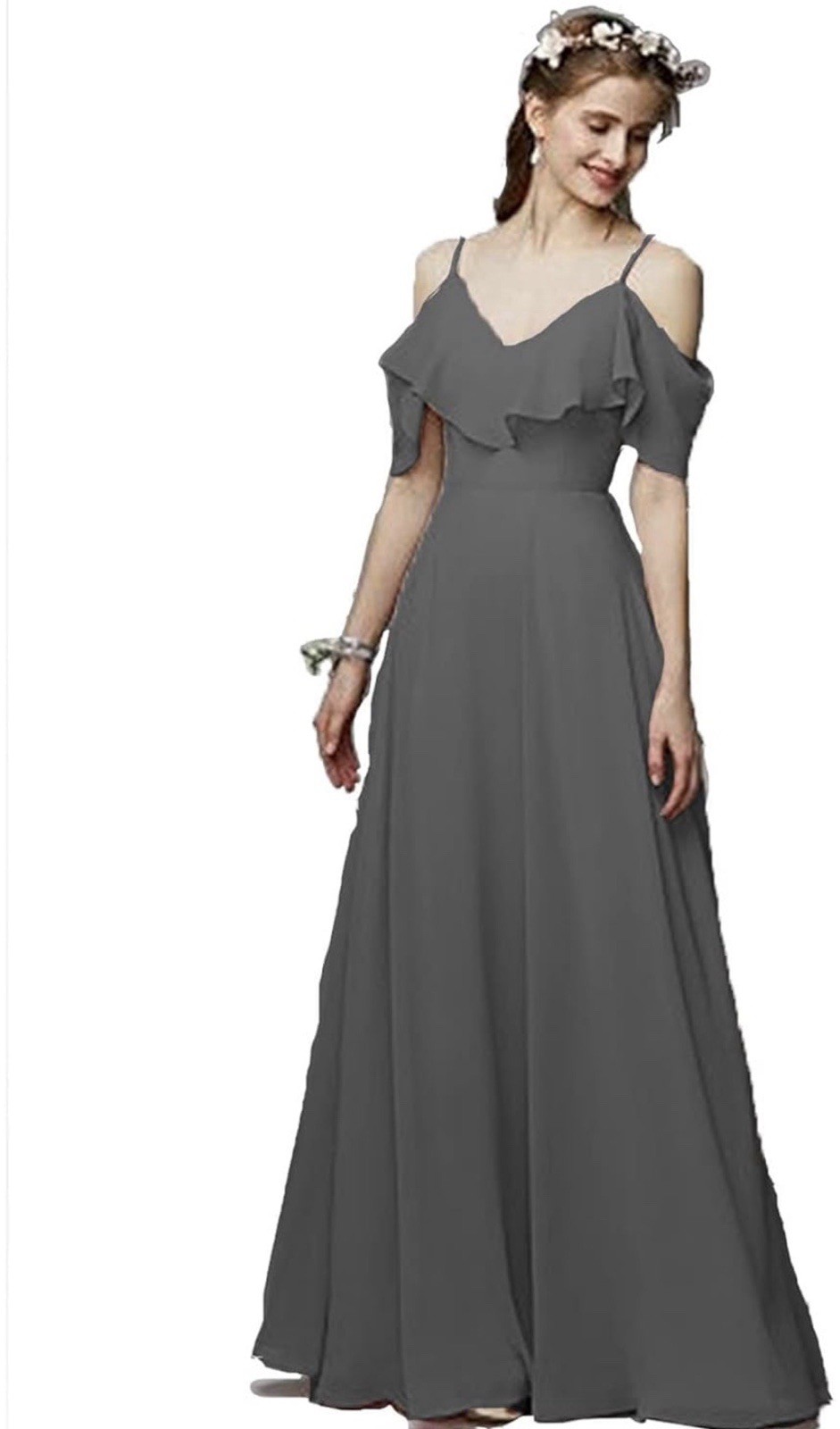 Gray Off-Shoulder Ruffle Formal Gown Maxi Dress Sz 14 L Evening Prom Wedding #4