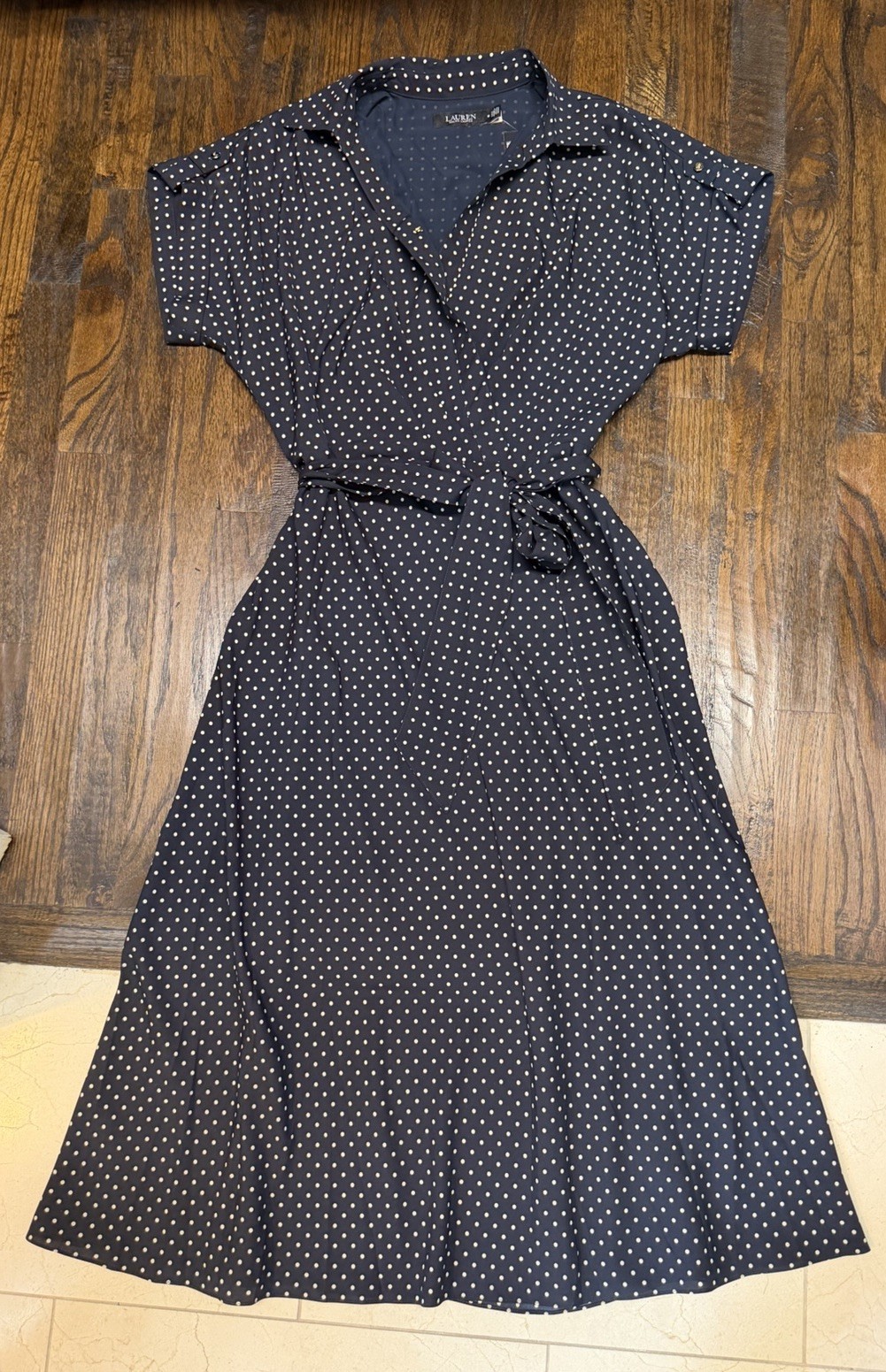 Lauren Ralph Lauren Polka-Dot Belted Crepe Dress Sz 10 NWT