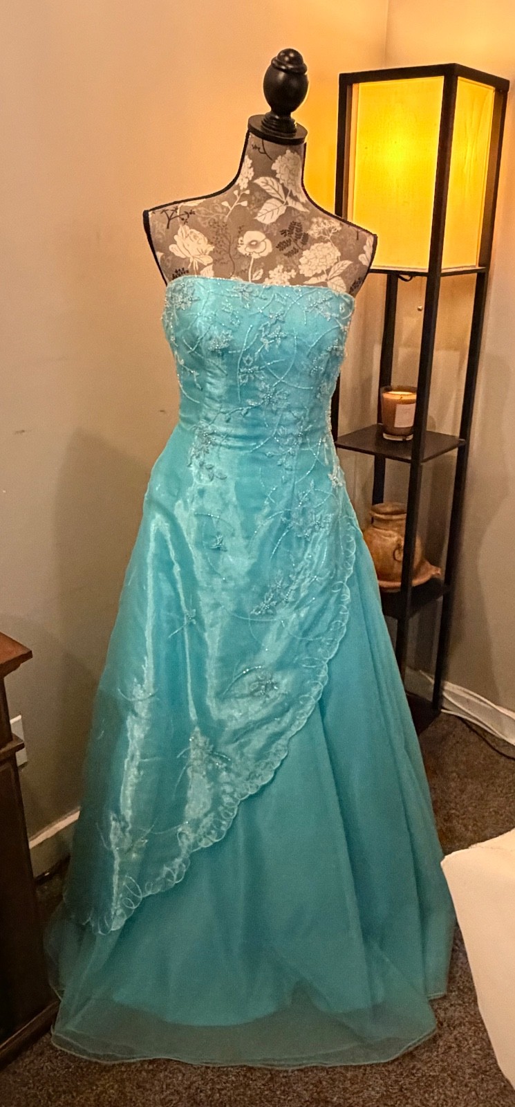aqua prom dress size 12, halter, strapless, petticoat included, garment bag