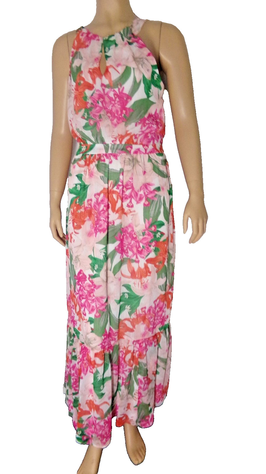 CECE Maxi Dress size 2 pink Garden Romance floral flounce hem Halter neck NWT