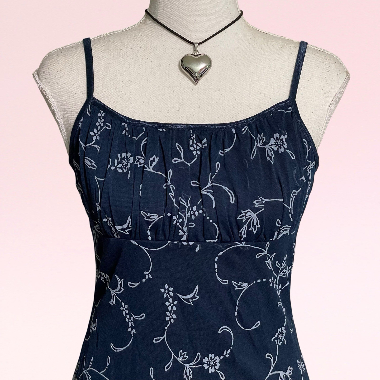 vintage y2k whimsy goth floral milkmaid navy blue mesh grunge slip party dress M