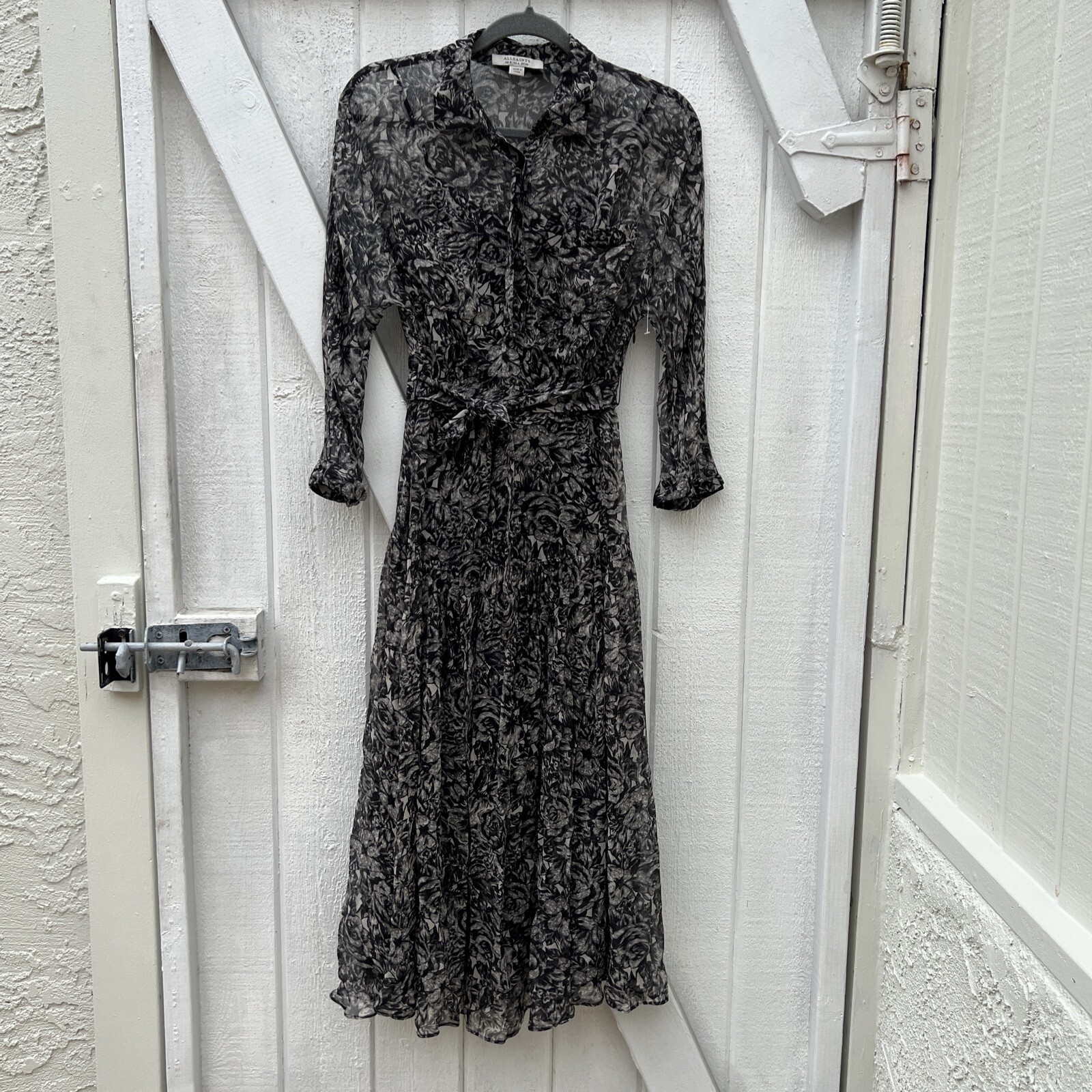 New $290 All Saints Eley Rosey Black Grey Midi Floral Women’s US 4 Viscose D9