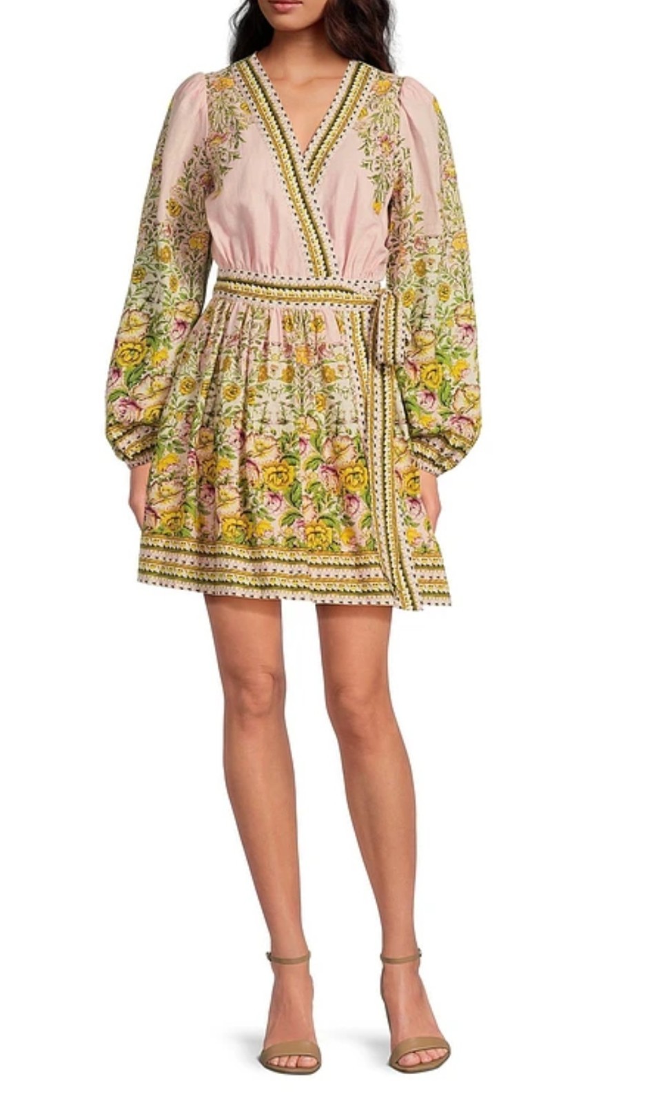 NWT A Loves A Floral Print Surplice V-Neck Long Bubble Sleeve Wrap A-Line Dress