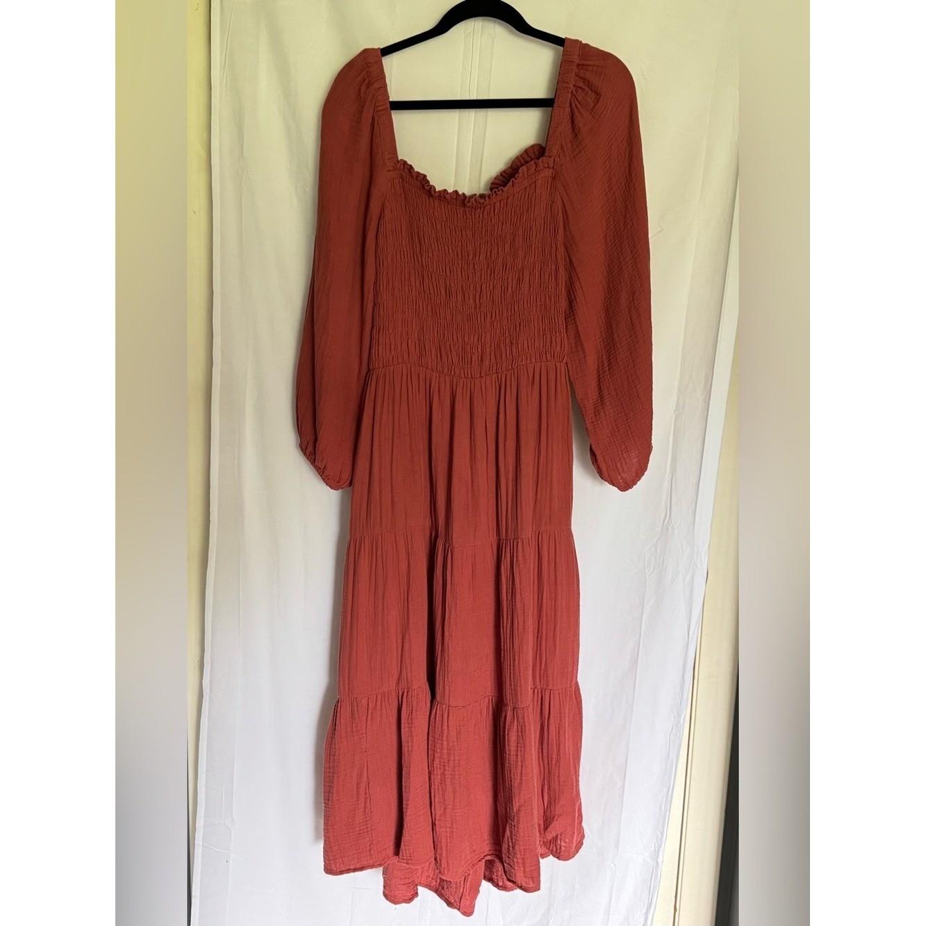 Beach Lunch Lounge Rust Luana Smocked Tiered Midi Dress Open Back-Size L