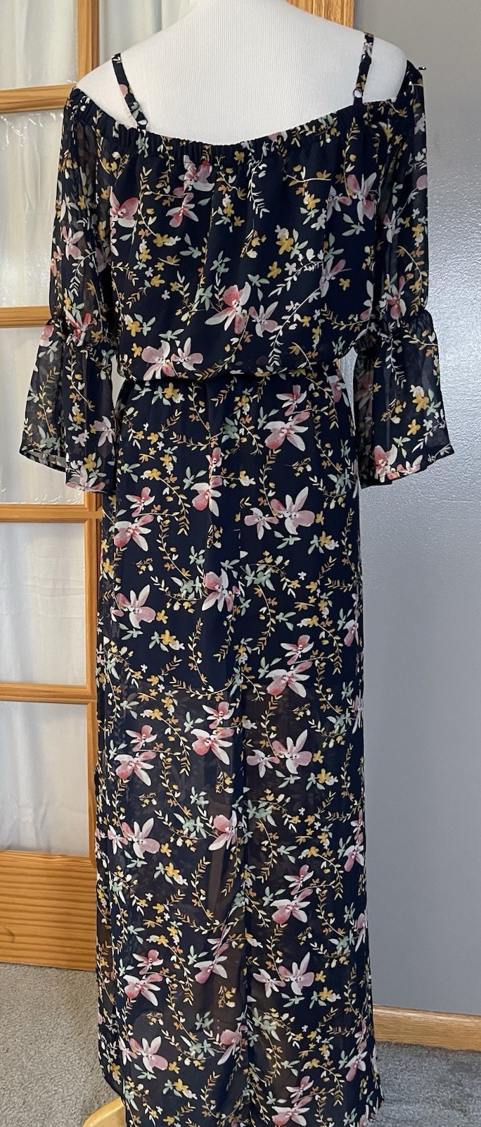 Off The Shoulder Floral Maxi Dress Sz L Navy Gold Elastic Waist Prairie Beach