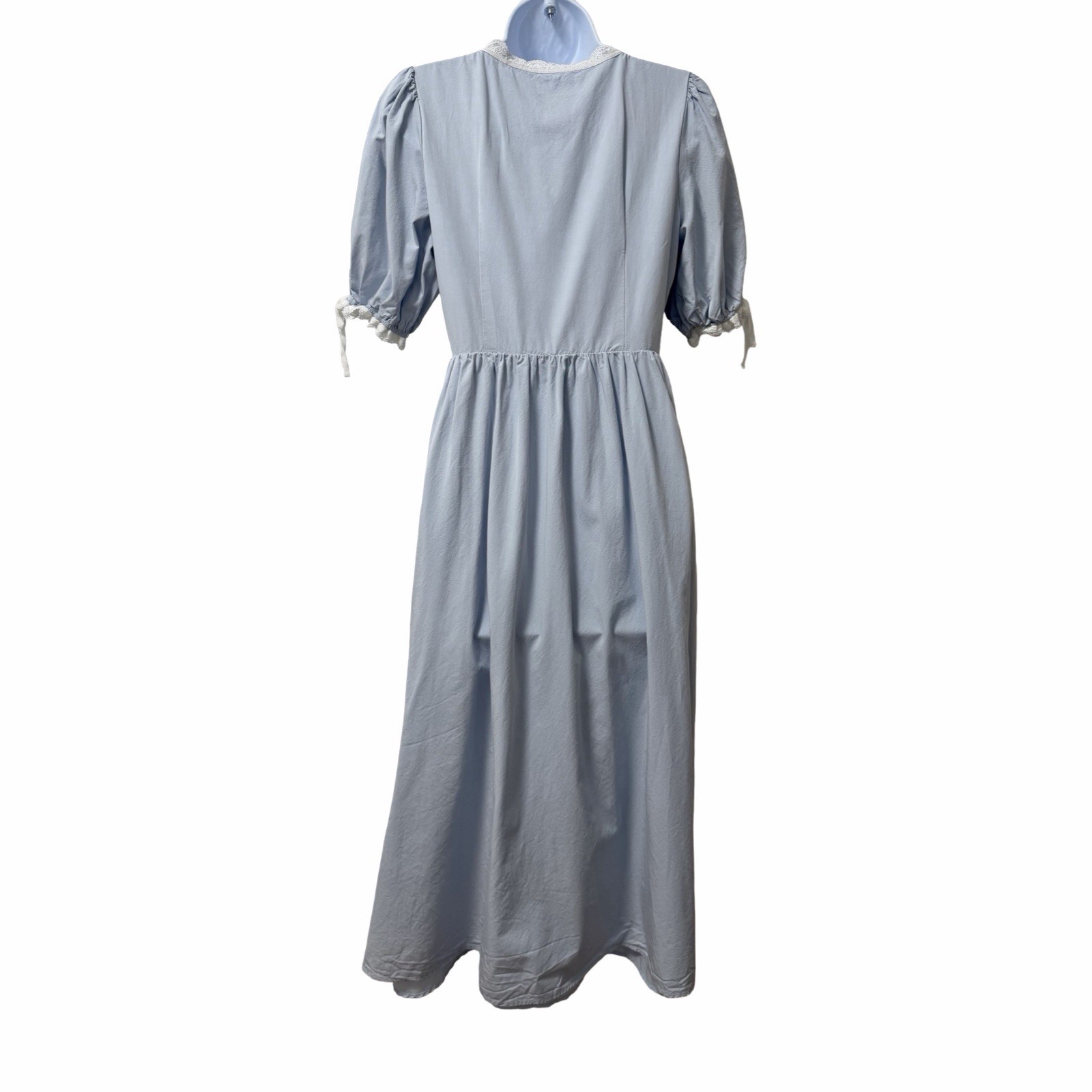 Bohme Romy Lace Trim Milkmaid Button Front Bow Midi Dress Size M Blue Cottage