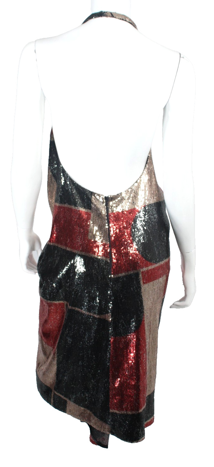 HALPERN Red, Black & Gold Argyle Sequined Halter Neck Sleeveless Dress 36
