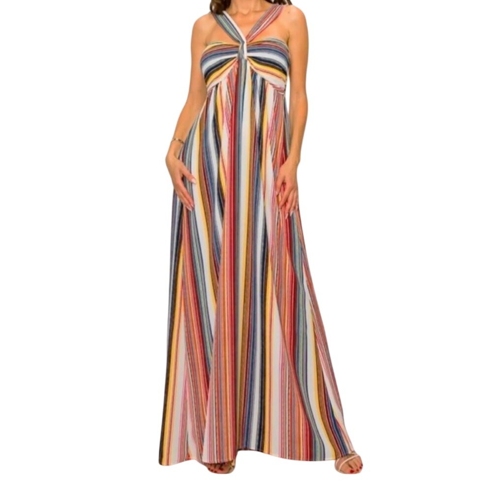 PRIVY Womens S Cassidy Striped Maxi Dress BOHO Festival Beach Smocked Resortwear