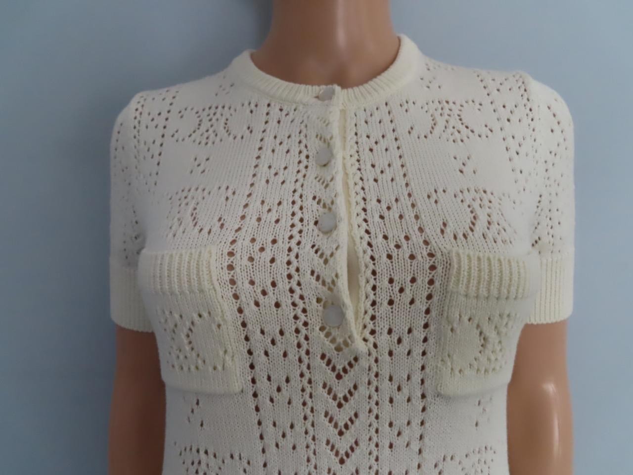 CELINE Ecru Cotton Open Pointelle/Triomphe Knit Dress Size S