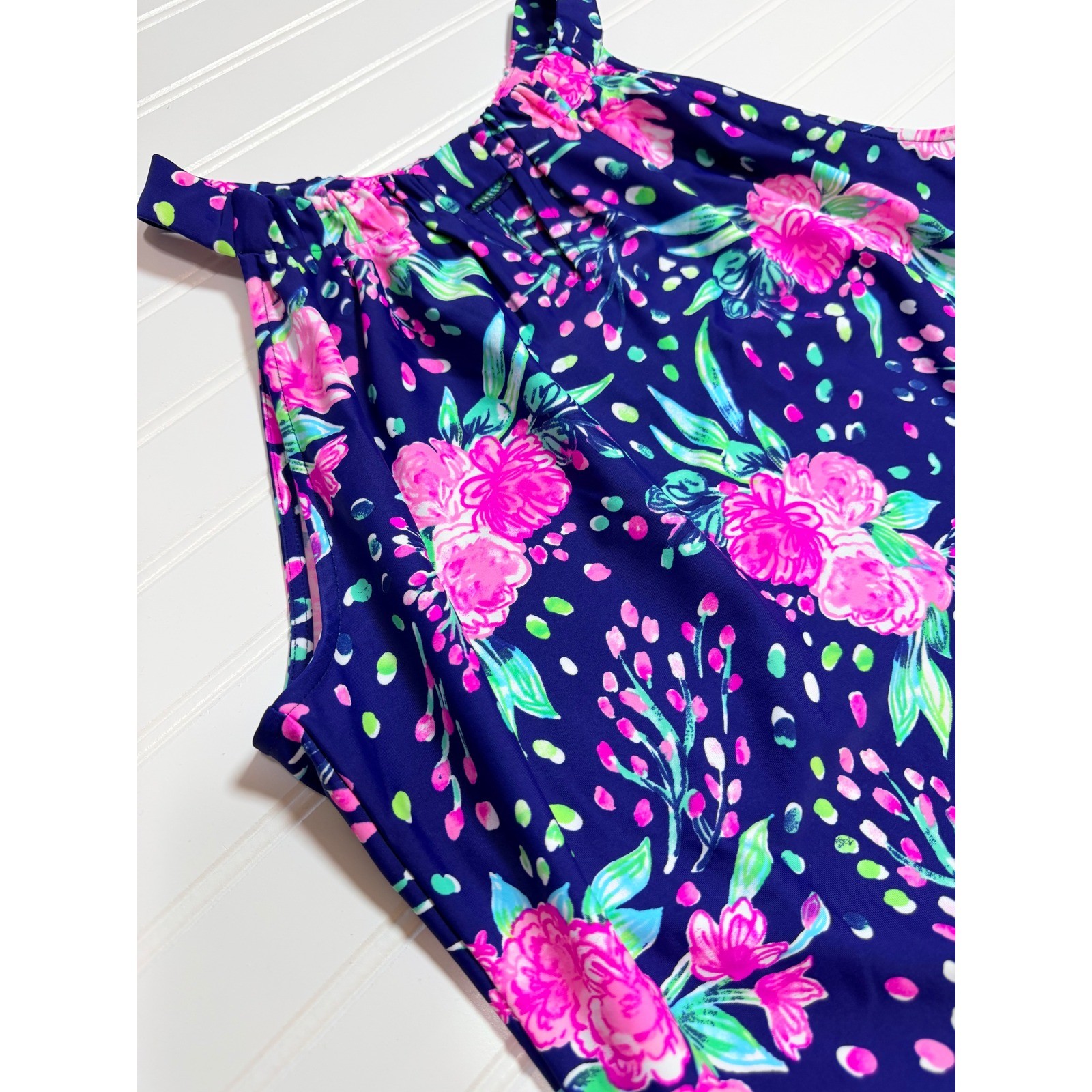 Aryeh Womens Navy Blue Pink Floral Halter Neck A-Line Dress Size Large