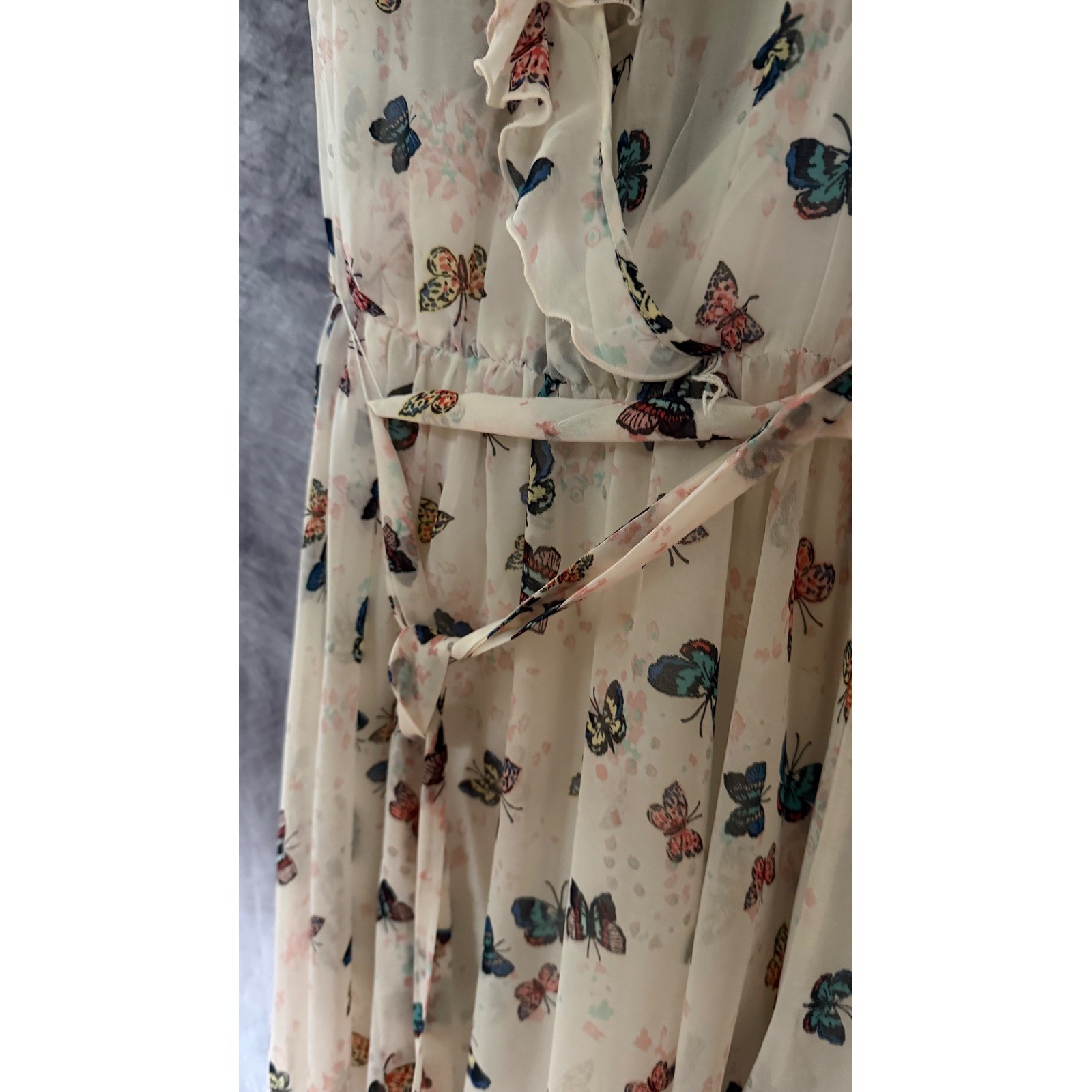 Disney Cinderella Butterfly Print Lace Back High Low Dress Womens Small Cream