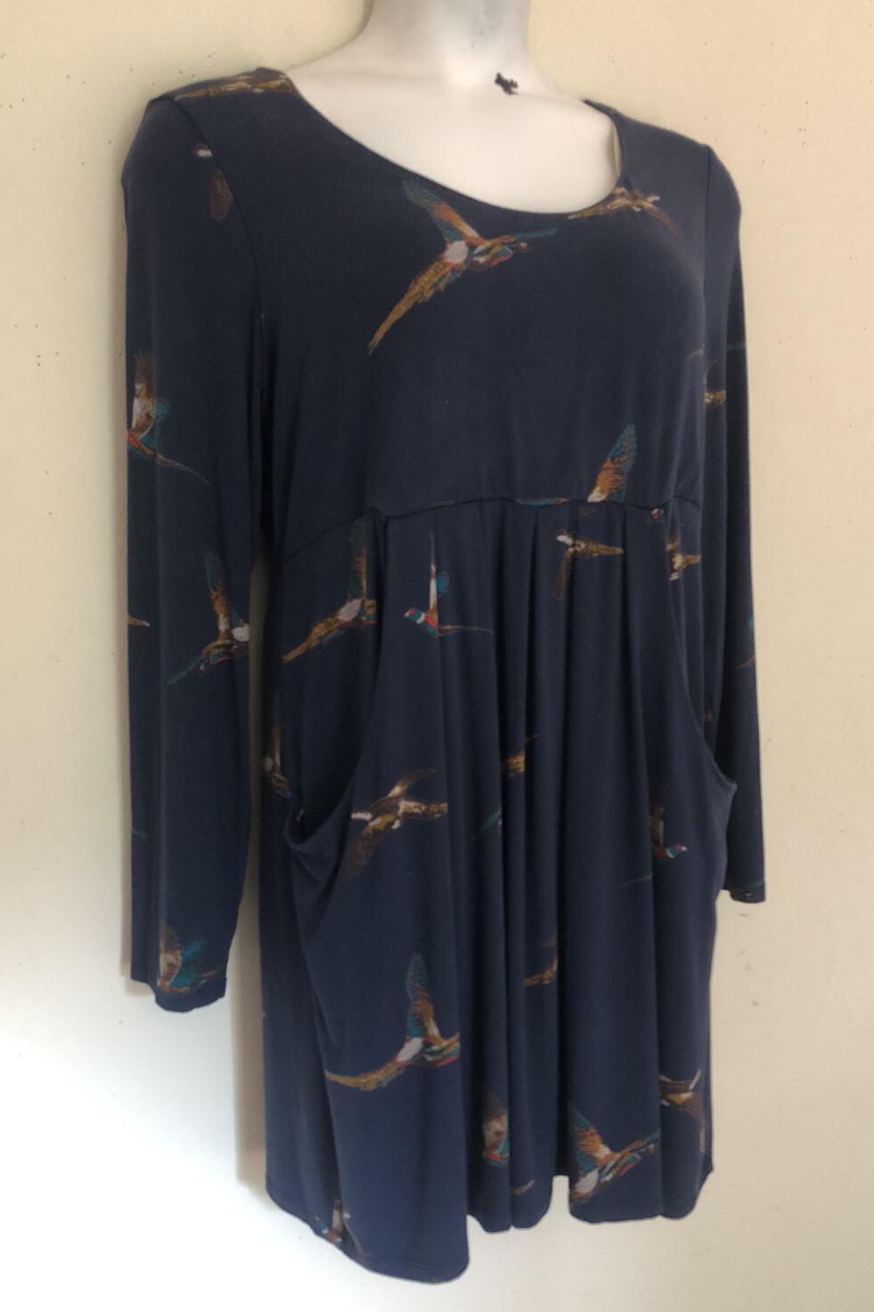 Joules R. Alexi Jersey Knit Dress Size 14 Navy Blue Pheasant Print Pockets