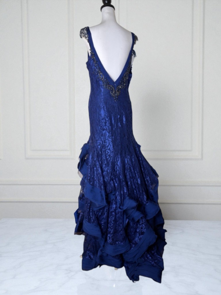 Mac Duggal Iridescent Ruffle Sequin Beads Ruffle Maxi Mermaid Lace 10 Blue Dress
