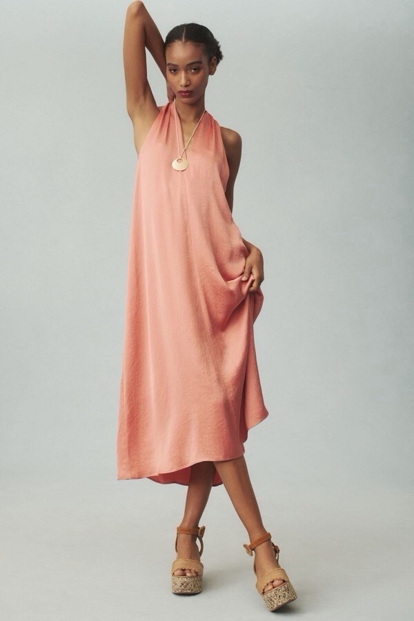Women’s Anthropologie Satin Coral Halter Midi Dress, size M