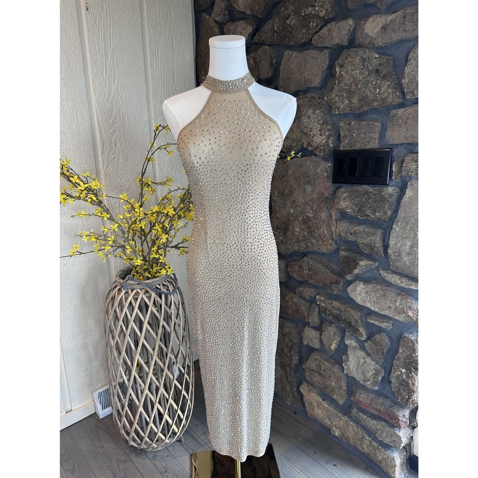 Windsor Rhinestone Embellished Halter Maxi Dress Nude Tan Formal Sz Small