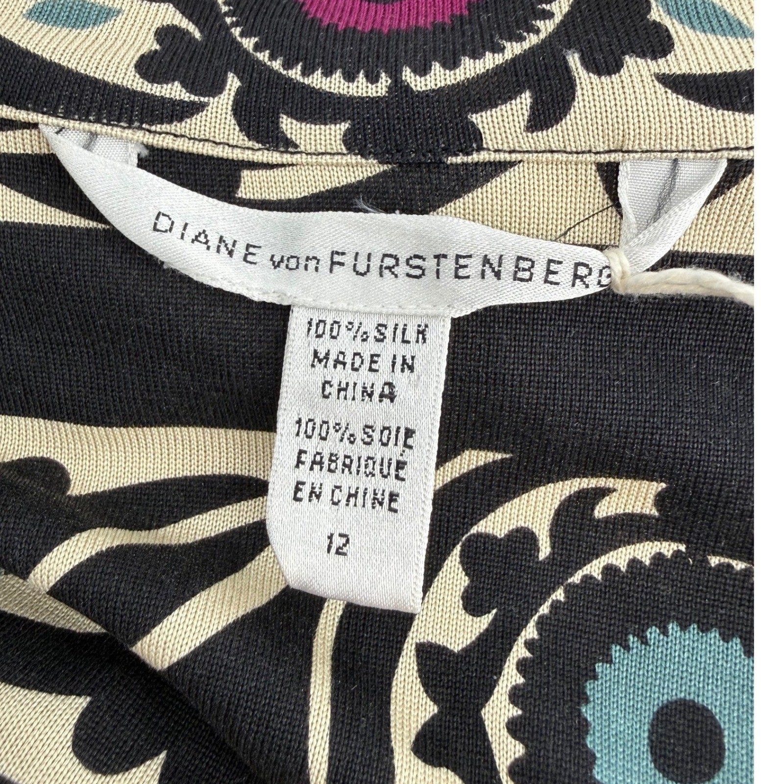 Diane von Furstenberg Julian Silk Jersey Wrap Dress Black Cream Floral Size 12