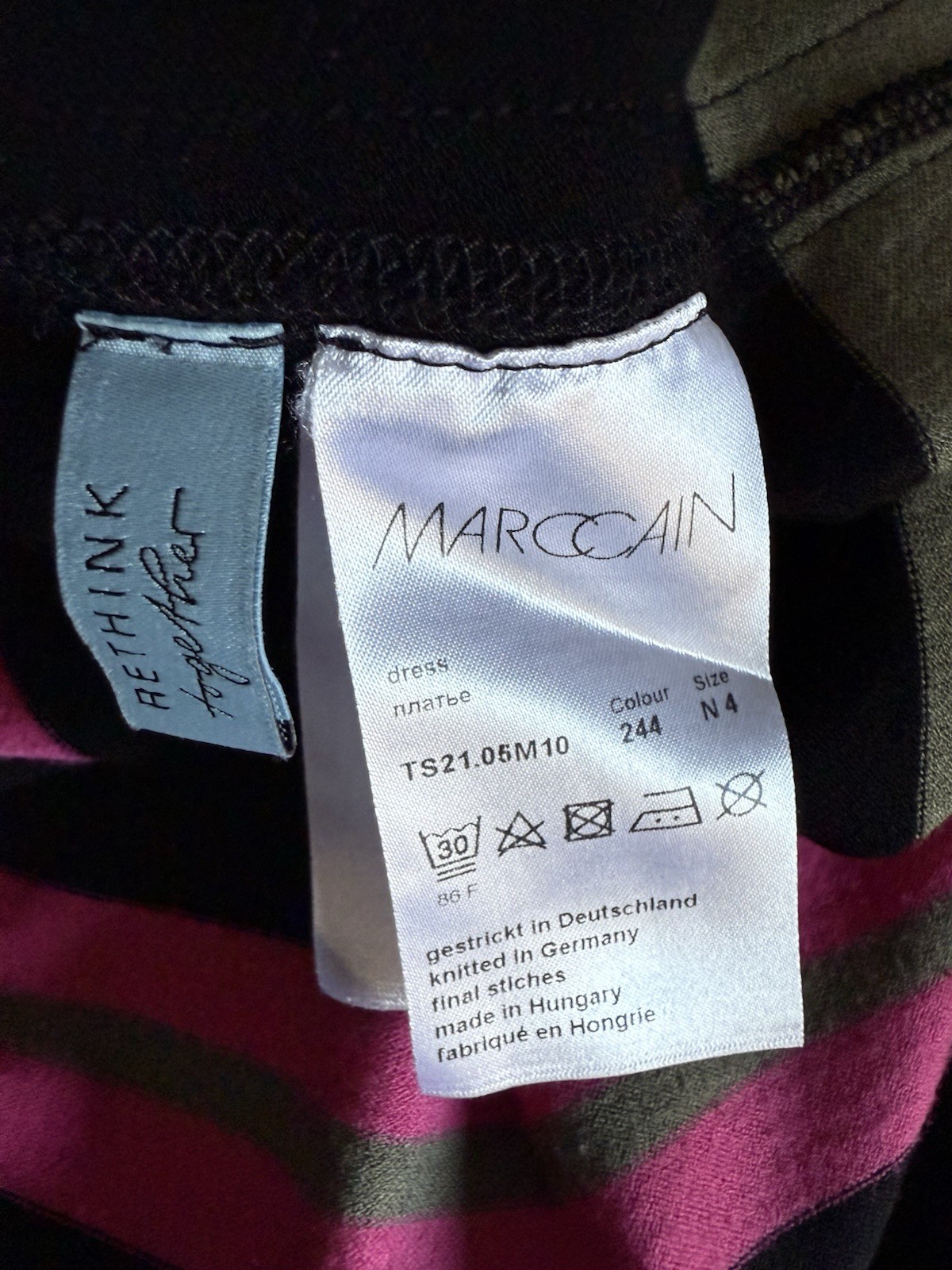MARC CAIN Sport Striped RETHINK TOGETHER Stretch Knit Side Slit Dress N4 8 M / L