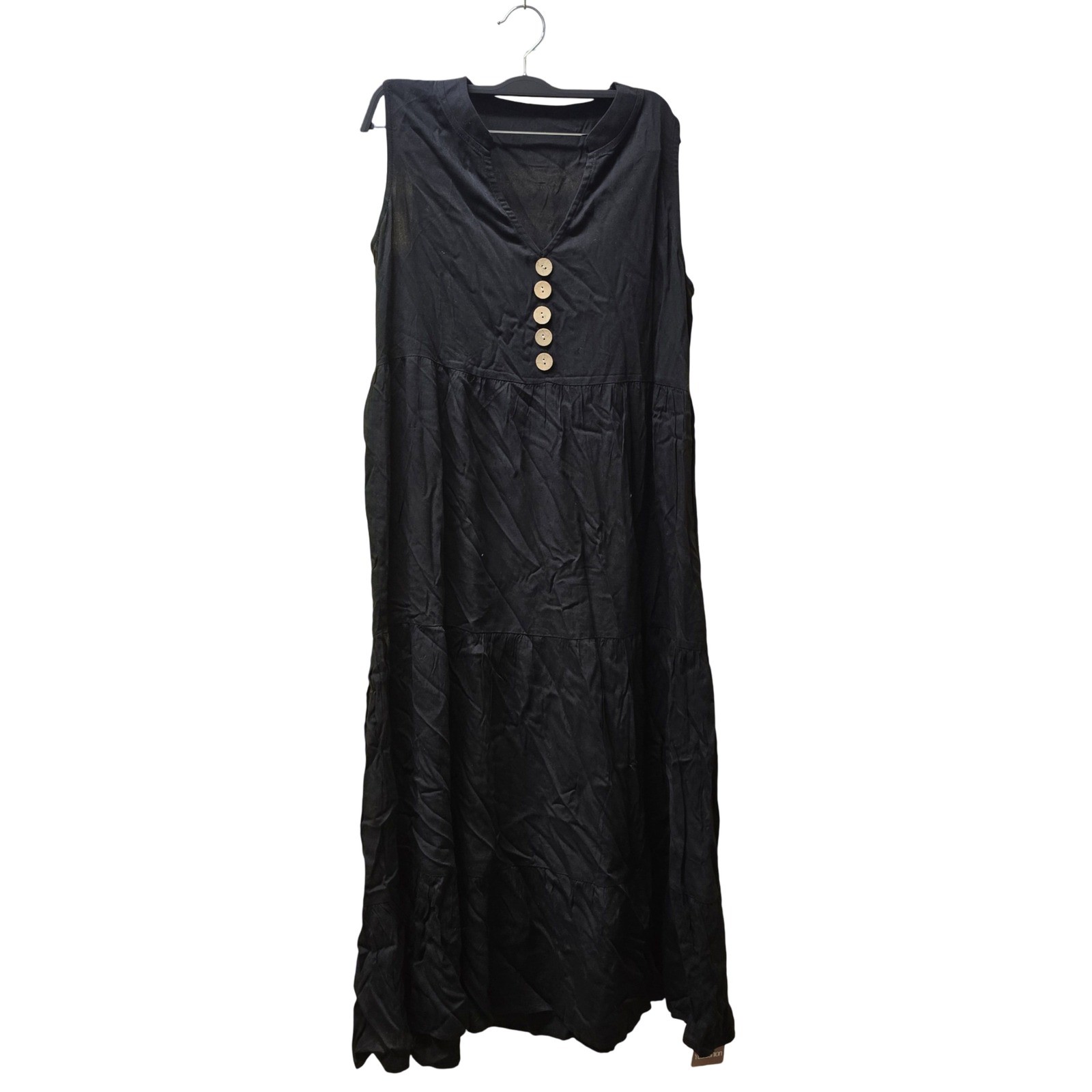 Black Viscose Sleeveless Maxi Dress Boho Tiered V-Neck Wood Buttons Size M