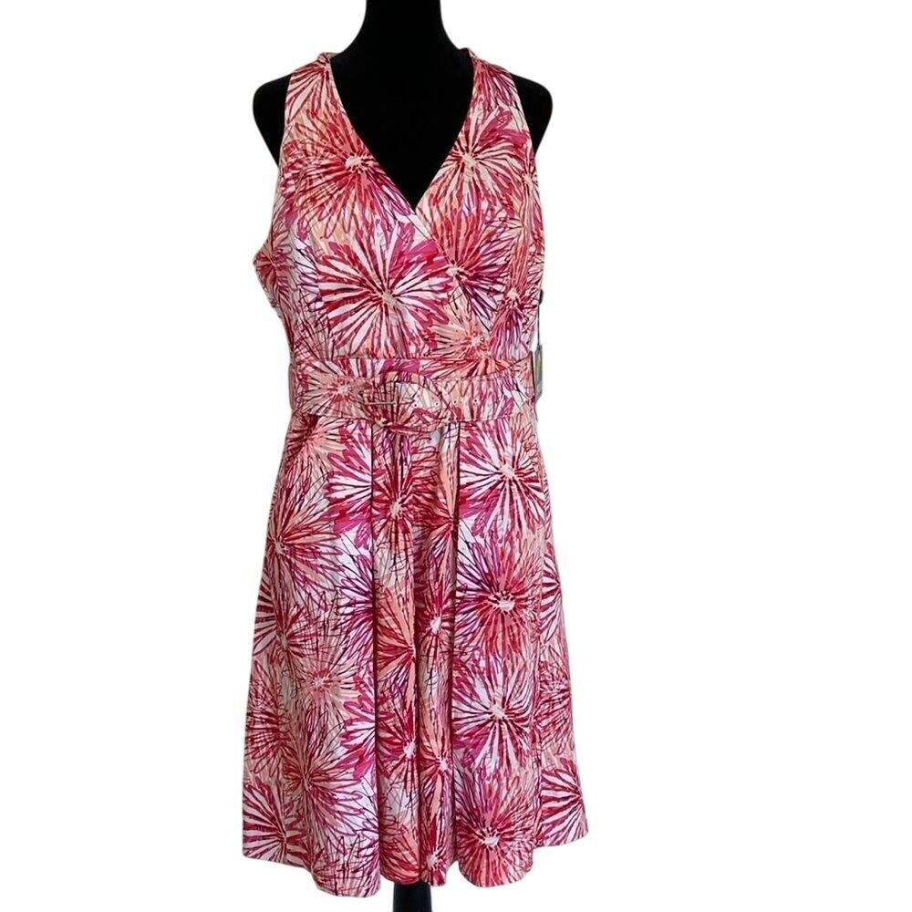 Muse Womens Floral V-Neck Belted Sun Dress Orange Pink Pockets Size 16 NWT