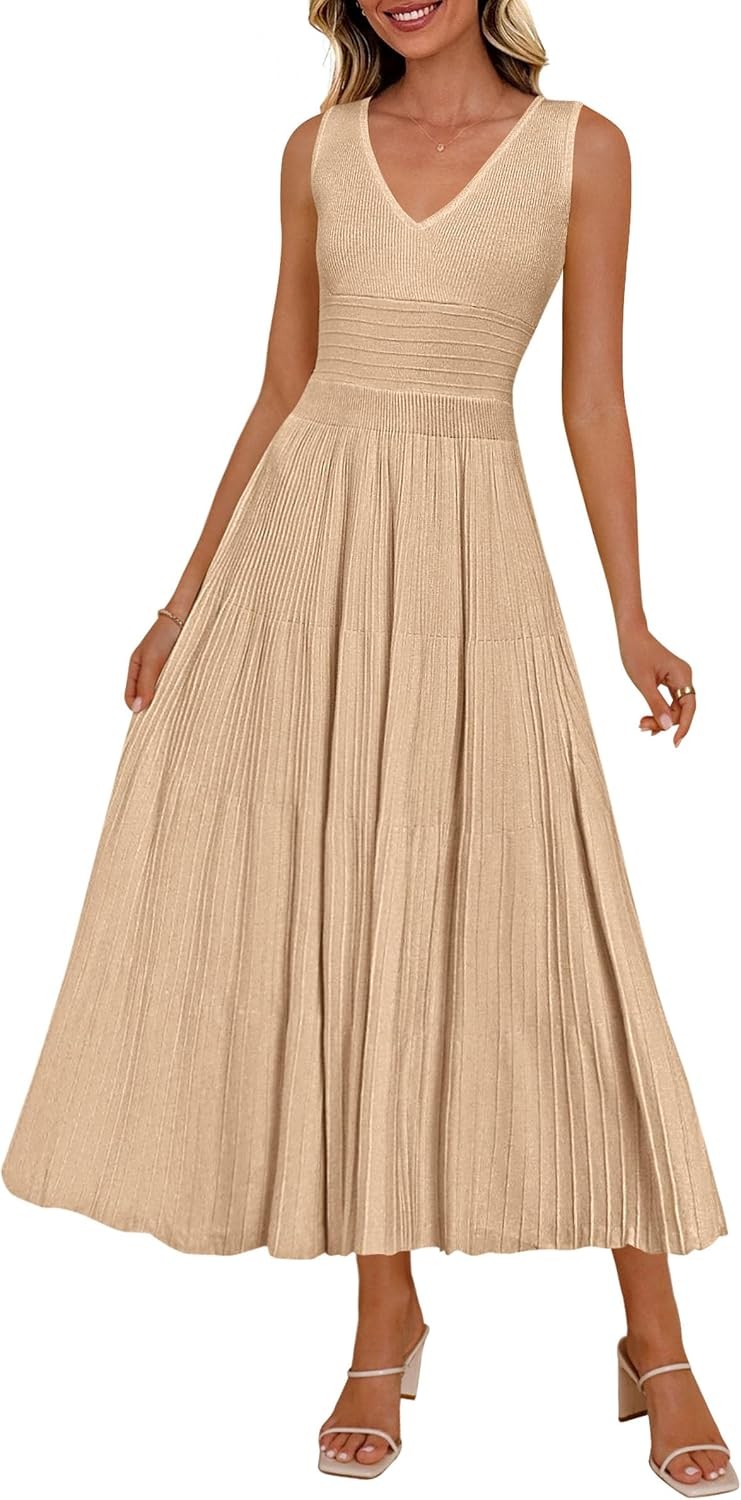 Summer Dresses for Women 2026 Spring Casual Sleeveless V Neck Pleated Midi Work