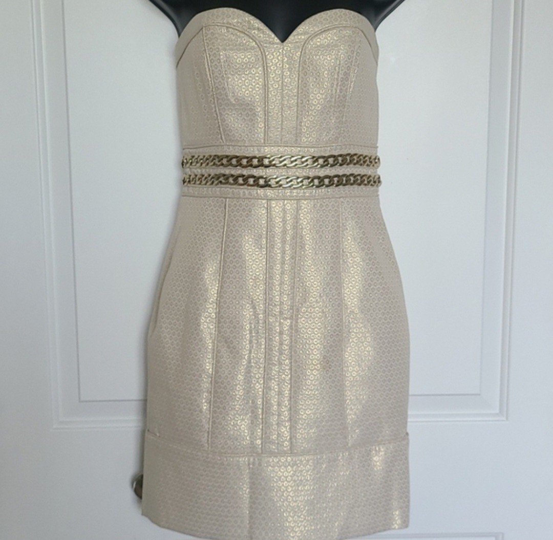 Laundry by Shelli Segal Gold Metallic Jacquard Chain Waist Mini Dress Strapless