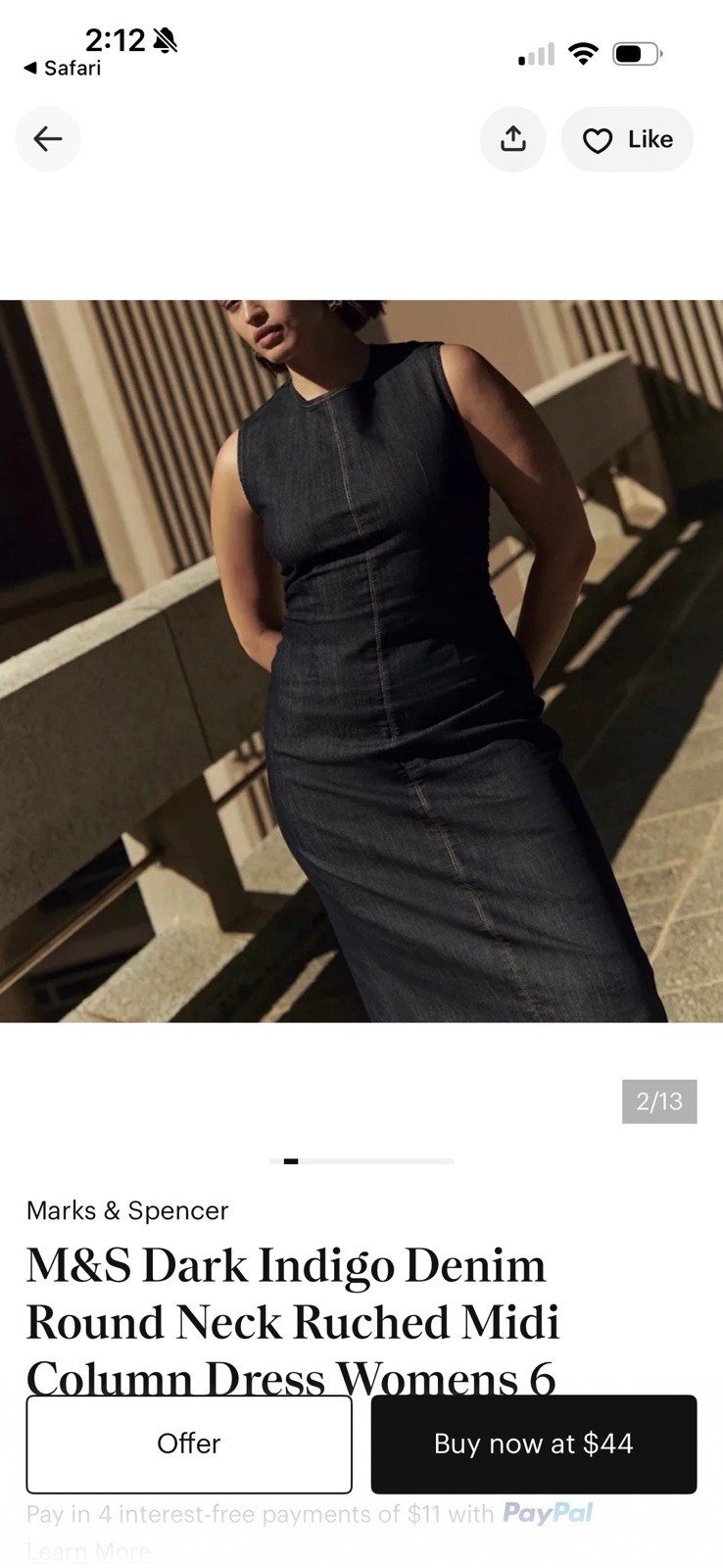 NWT Marks & Spencer Dark Indigo Denim Round Neck Ruched Midi Column Dress, SZ 14