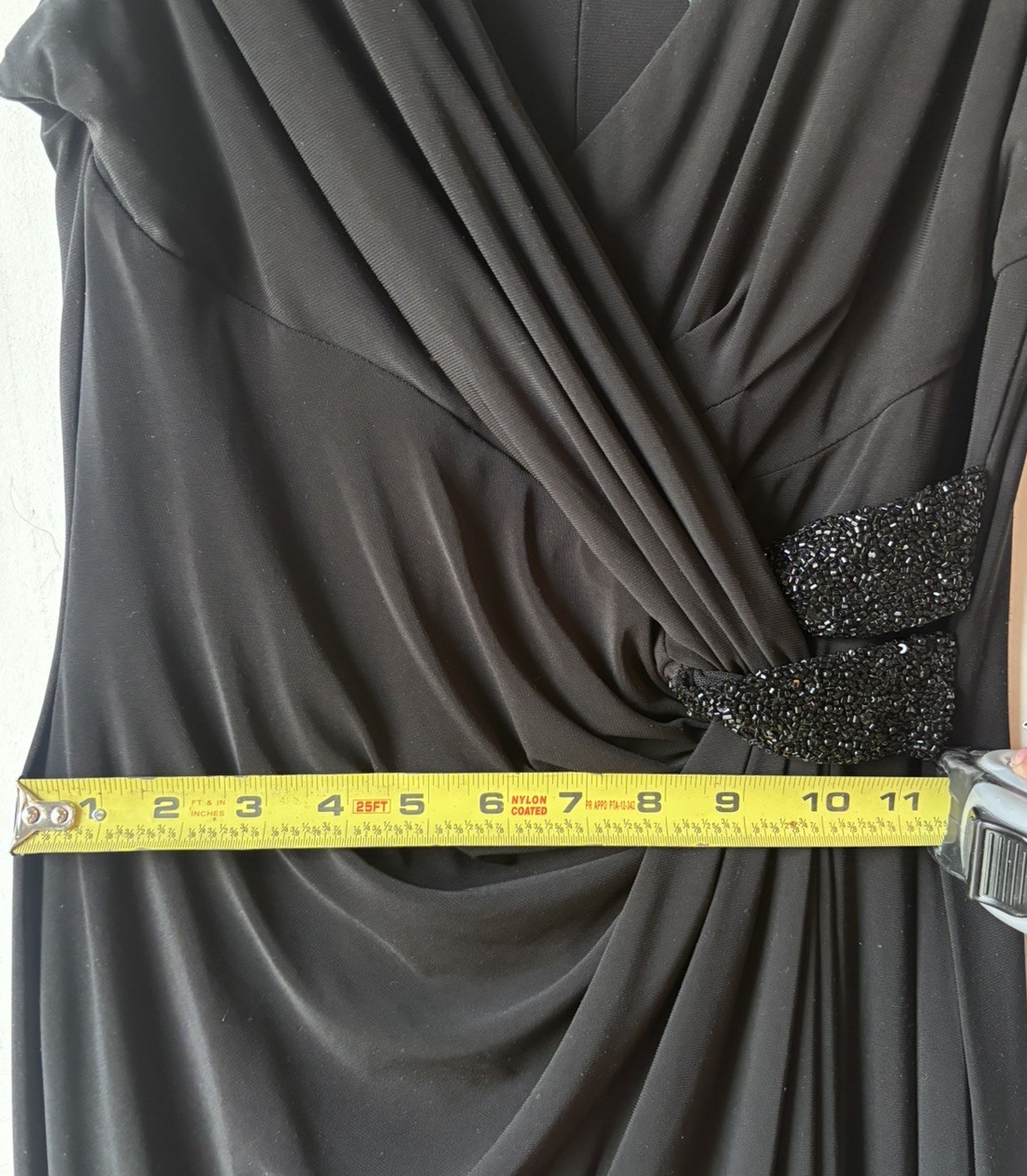 Lauren Ralph Lauren Evening Black V-Neck Gown Faux Wrap Beaded Accent Size 8 P