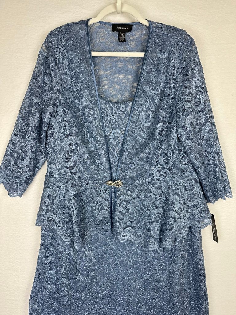 R&M Richards Gown Jacket Set Size 16 Blue Glitter Lace Mother of the Bride
