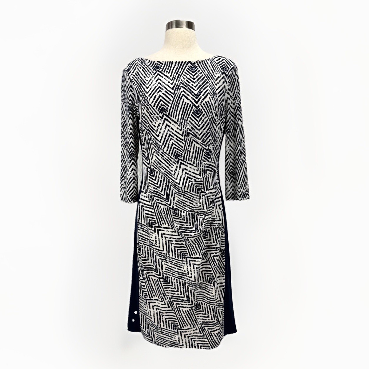 Lauren Ralph Lauren Dress Navy White Sz 10 Geometric Print Ruched 3/4 Sleeve