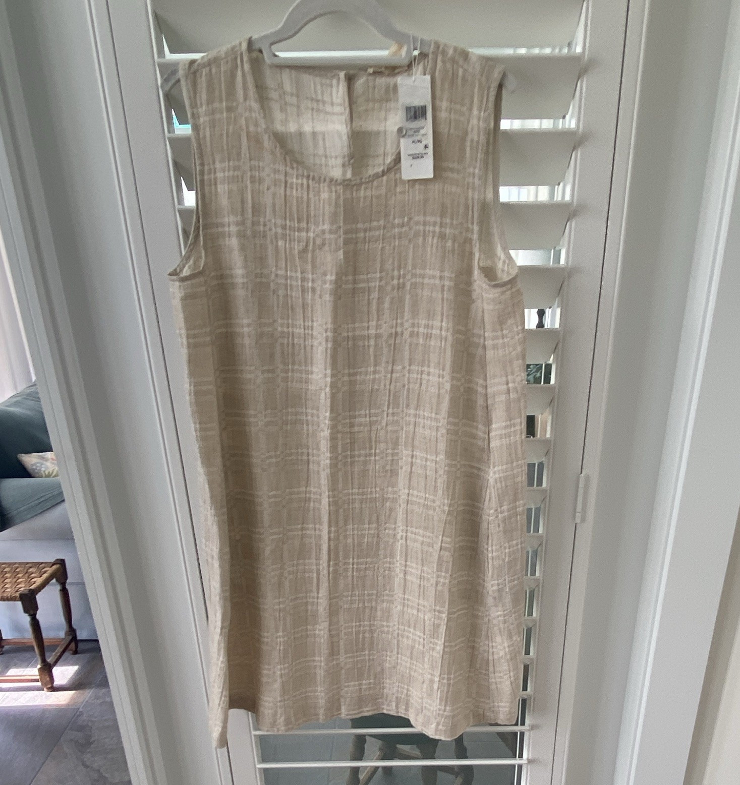 Eileen Fisher Shift Dress Sleeveless Scoop Neck Knee Organic Cotton/Linen PL/PG