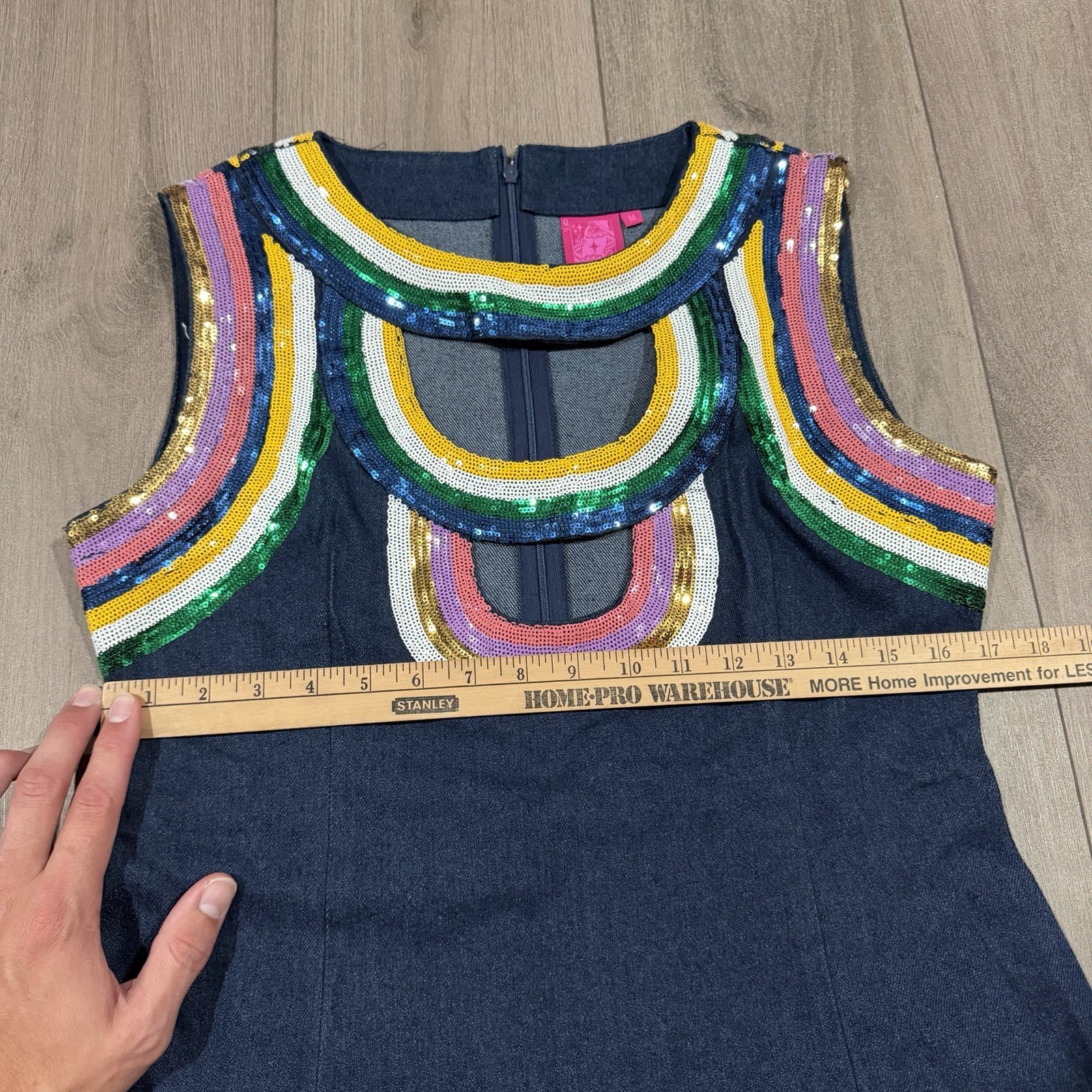 Queen Of Sparkles Rainbow Sequin Trim Denim Cut Out Dress Med Retro Skating
