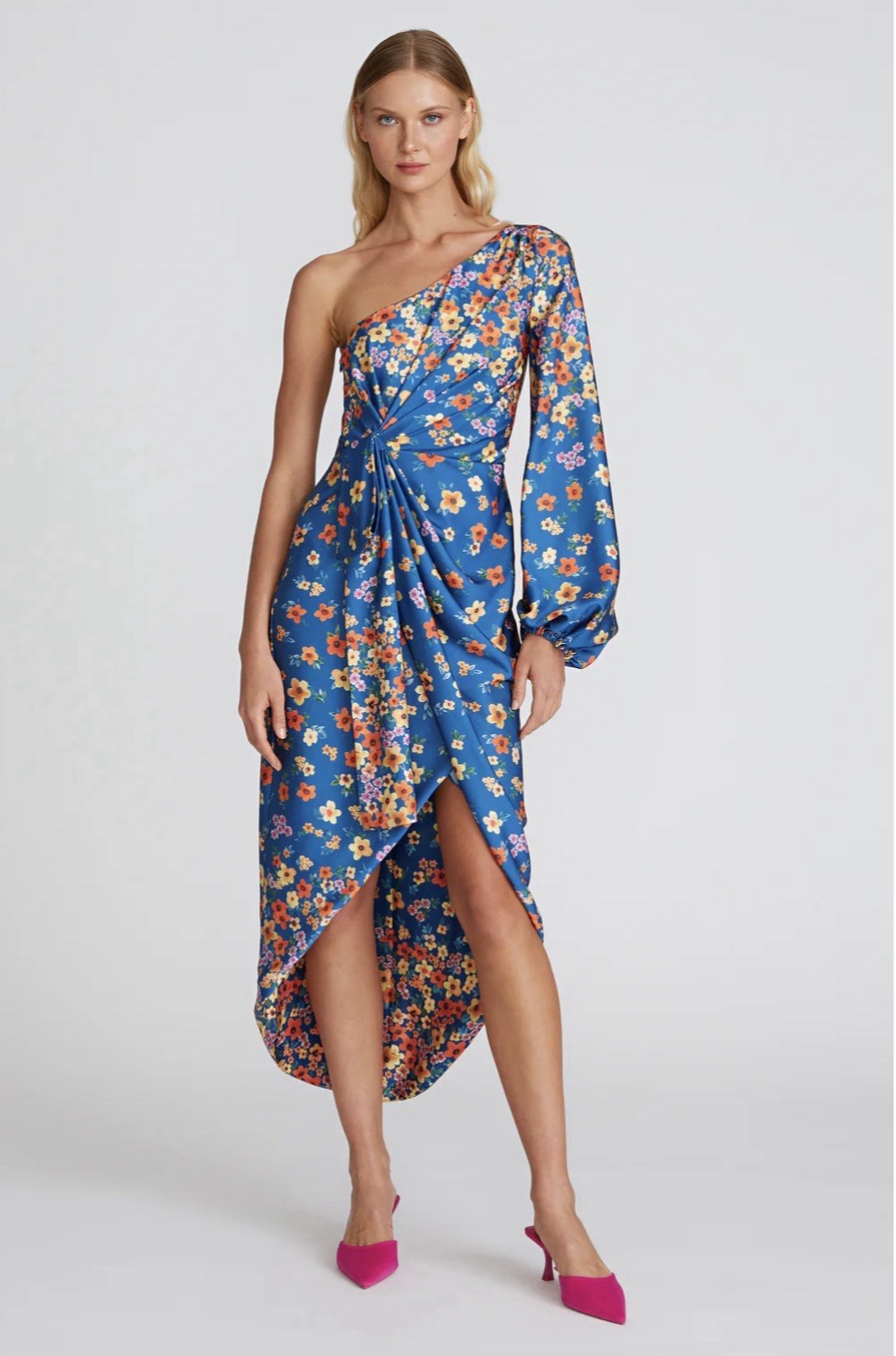 NWT AMUR One Shoulder Floral Print Dress Size 4 (Blue & Orange/Yellow Floral)