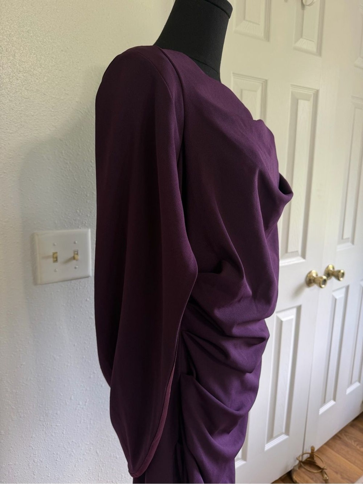 Betsy & Adam Aubergine Draped Cape Back Cocktail Dress 14 Ruched Sheath MOB