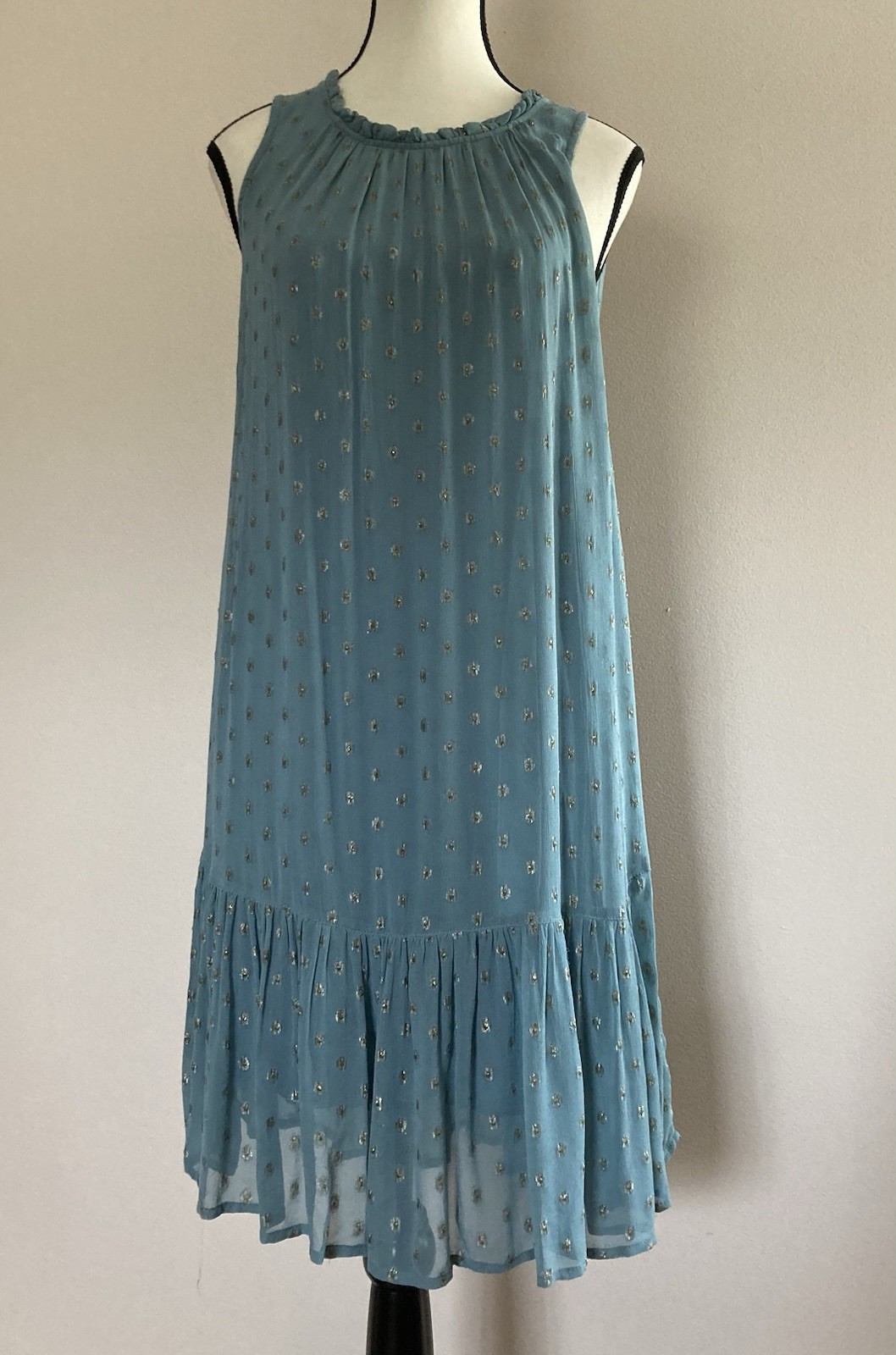 Anthropologie Dress Oversized Blue & Gold Metallic Polka Dot Ruffle Hem P2XS