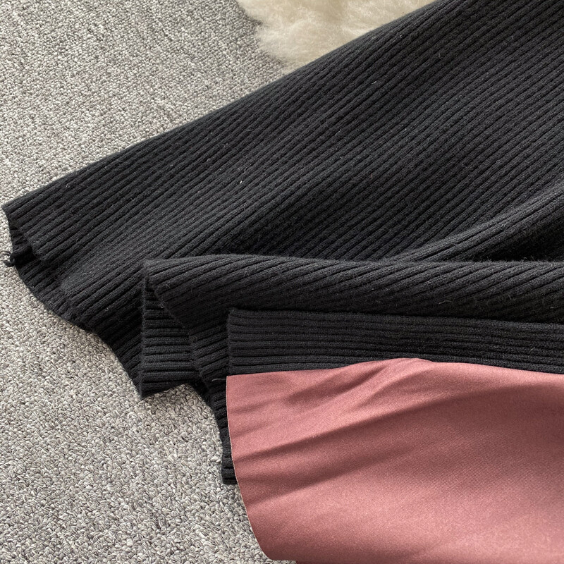Lady Slim Knitted Midi Dress Pleated Black Long Sleeve Swing Gradient Casual