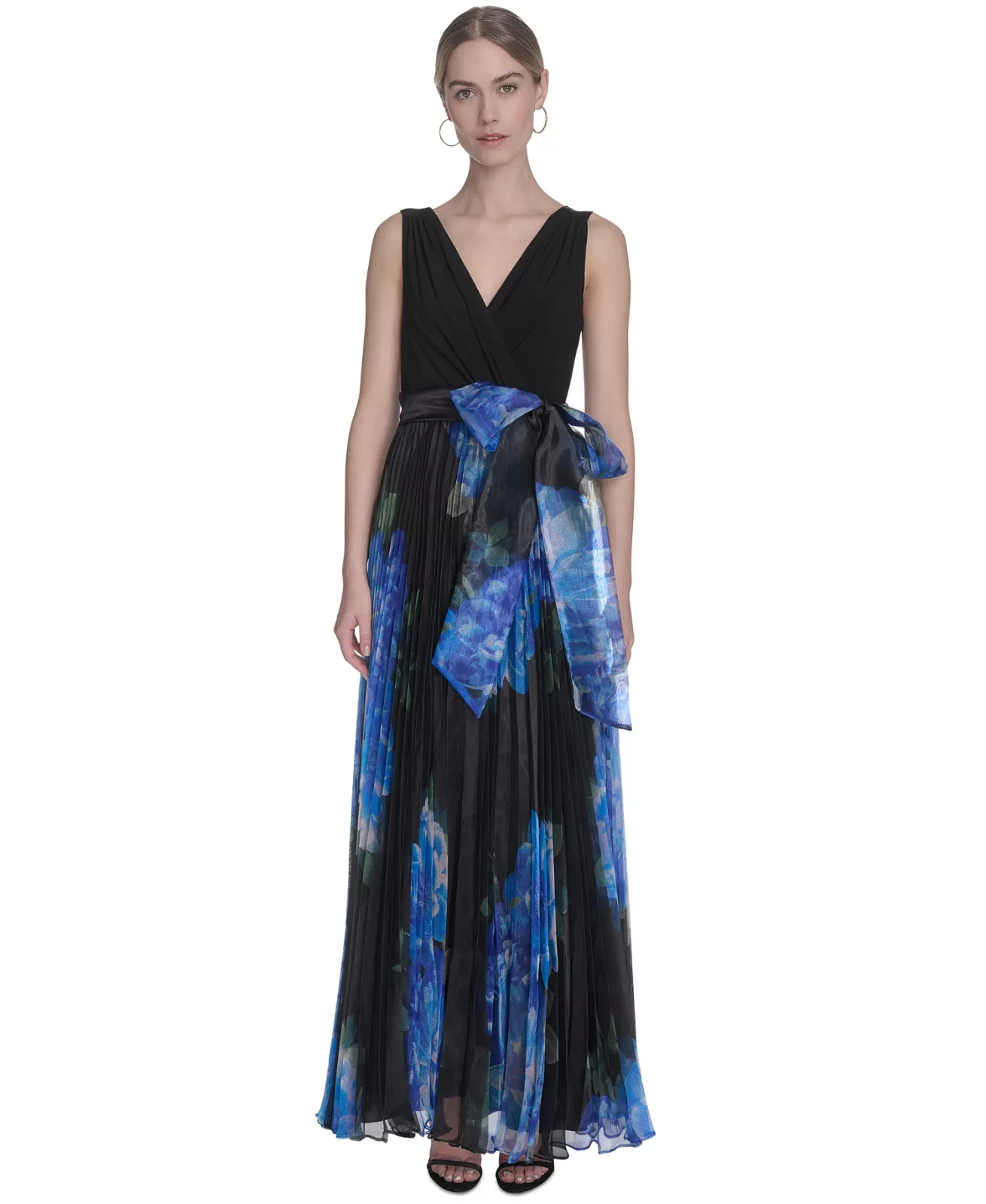 Eliza J Petite Mixed-Media V-Neck Sleeveless Pleated Gown – Black/Blue Size 14P