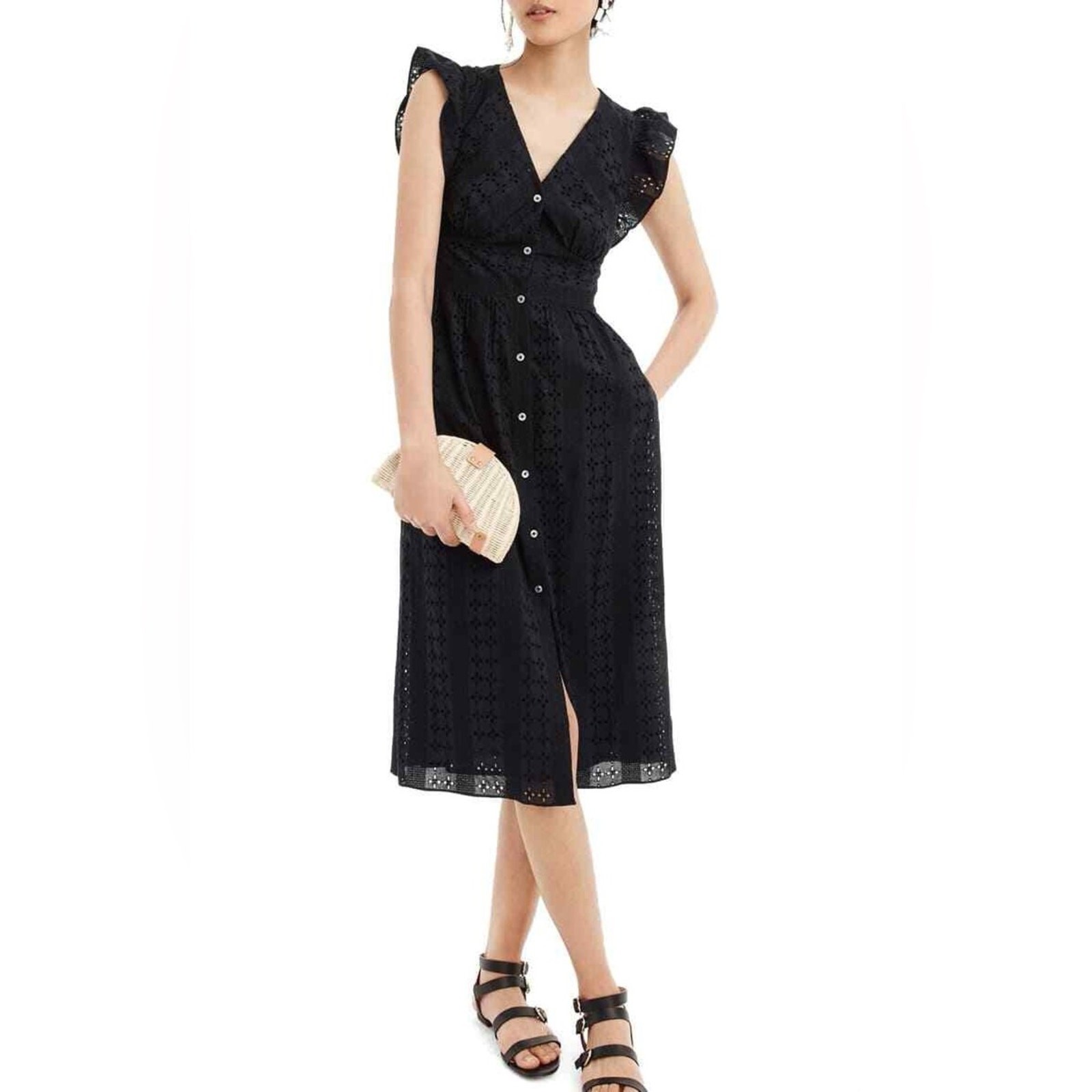 J Crew Black Eyelet Button-Front Midi Dress 100% Cotton Dress