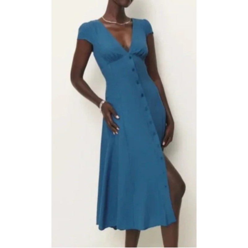 NWT Reformation Wilda Midi Dress Blue Button Front Cap Sleeve Size 6