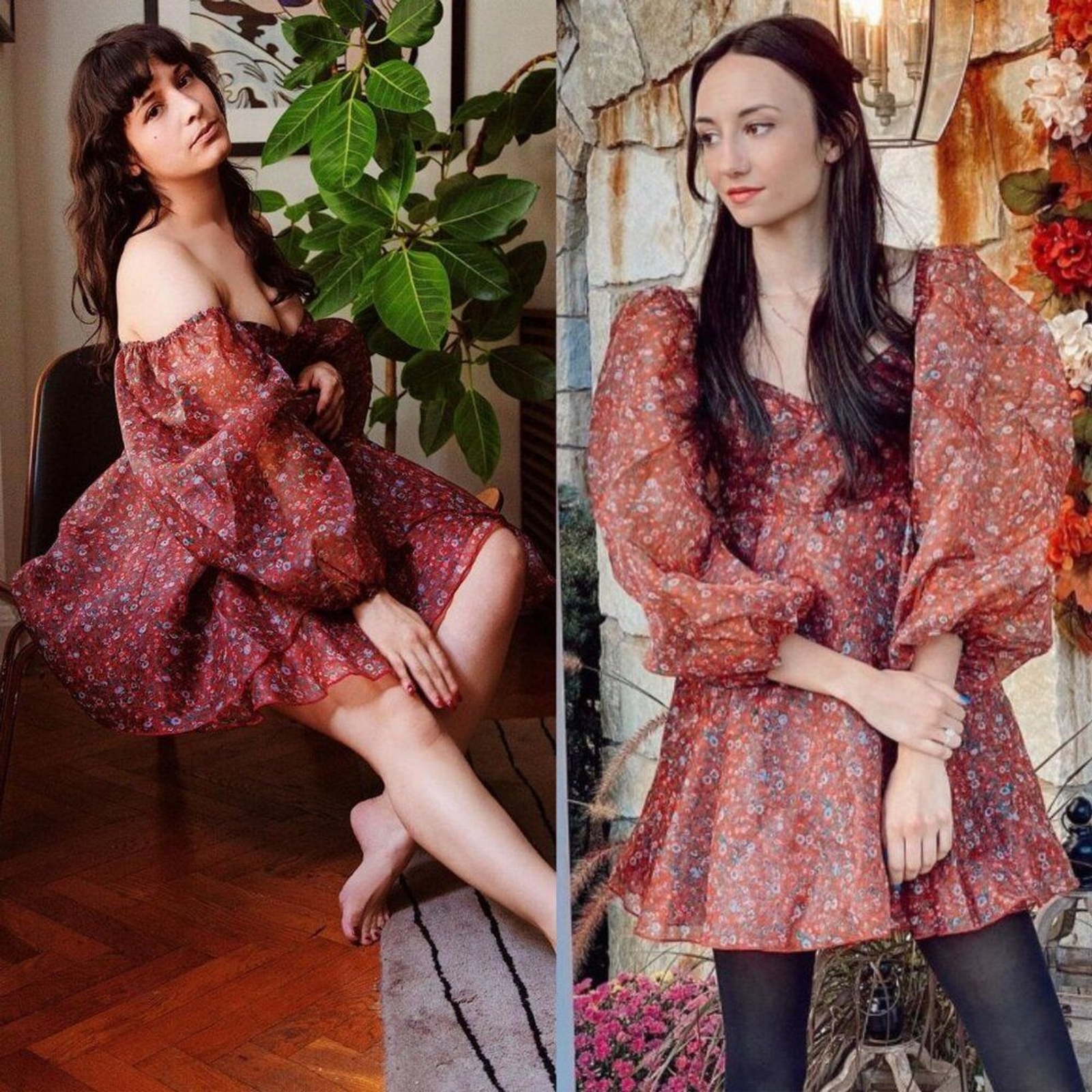 Selkie Princess Crimson Darling Red Floral Puff Sleeve Organza Mini Dress Size S