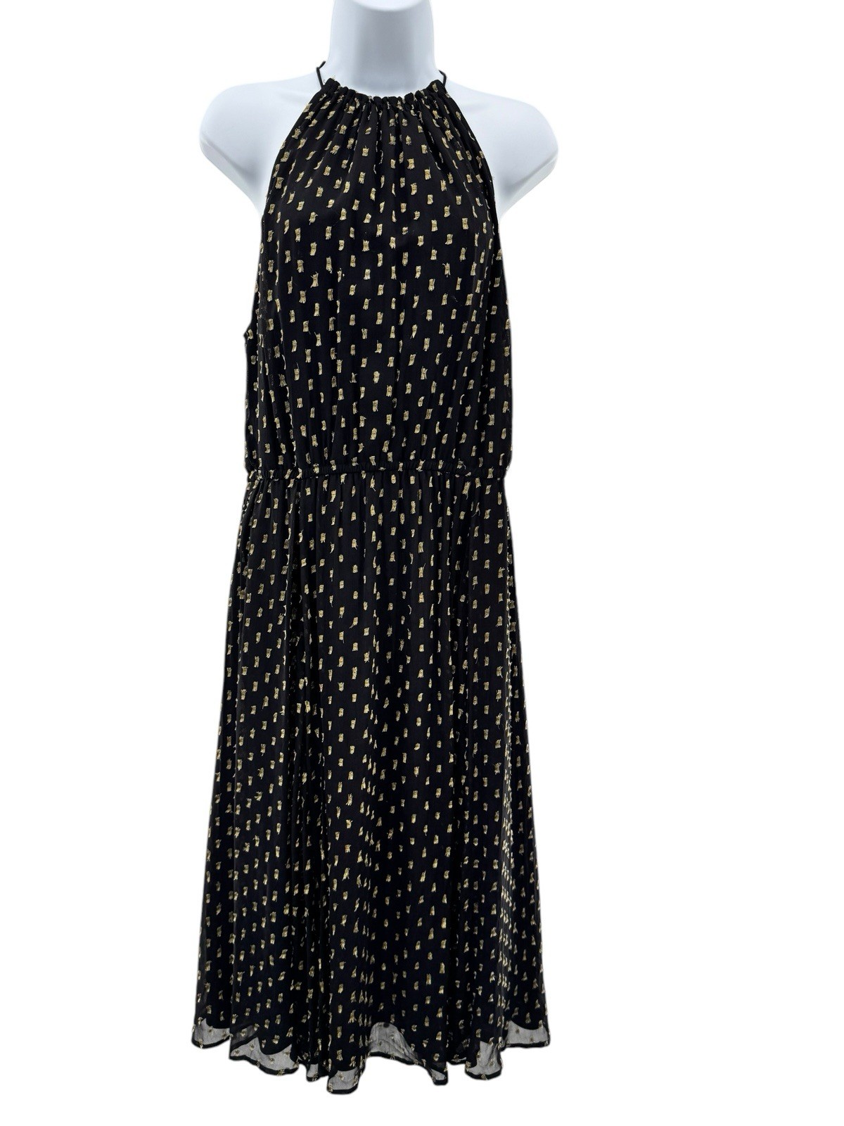 Plenty by Tracy Reese Dress Size Large Black Gold Halter Midi Pleated Lined
