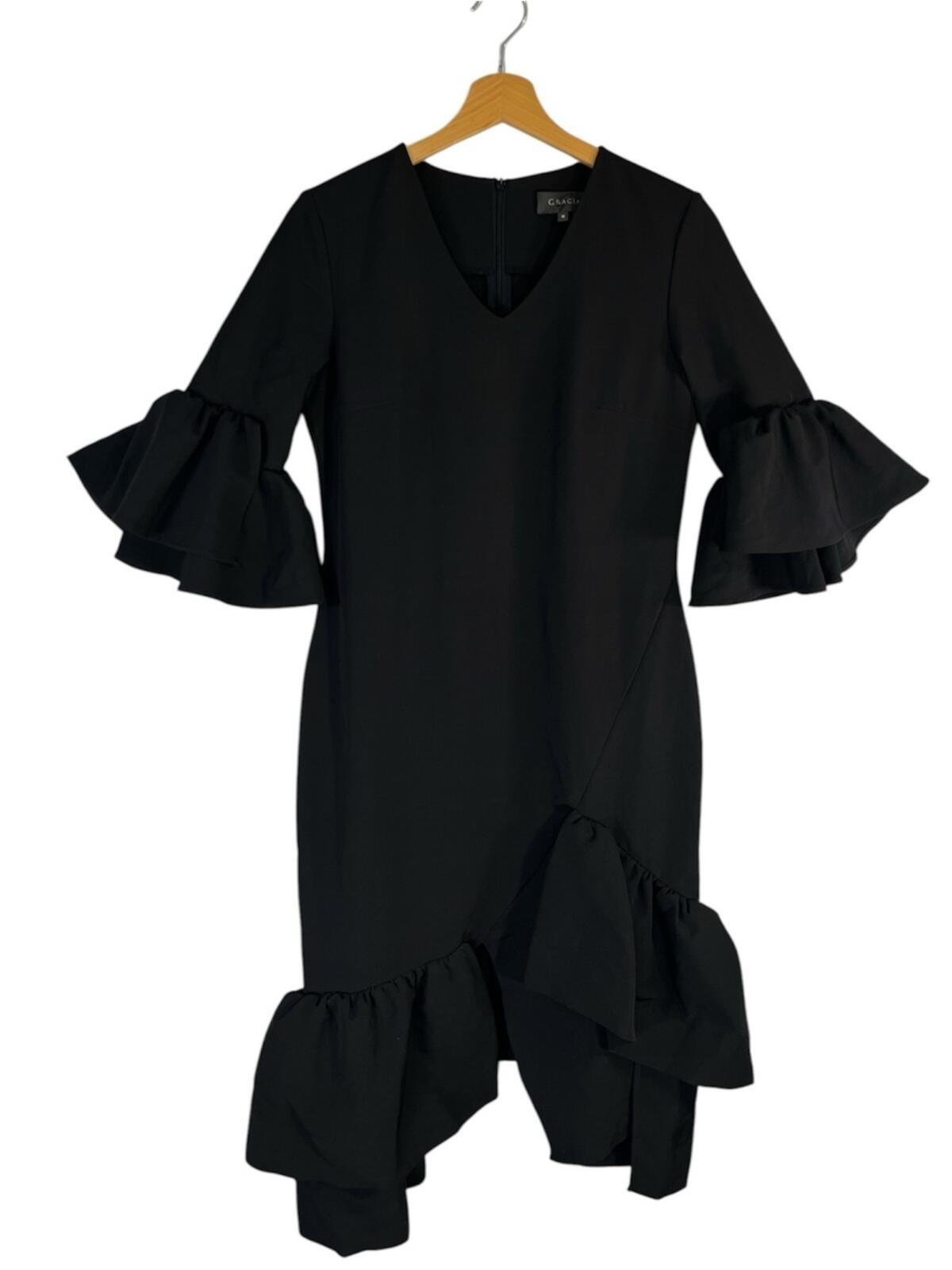 Gracia Black Asymmetrical Ruffle Hem Midi Length Dress Size Medium