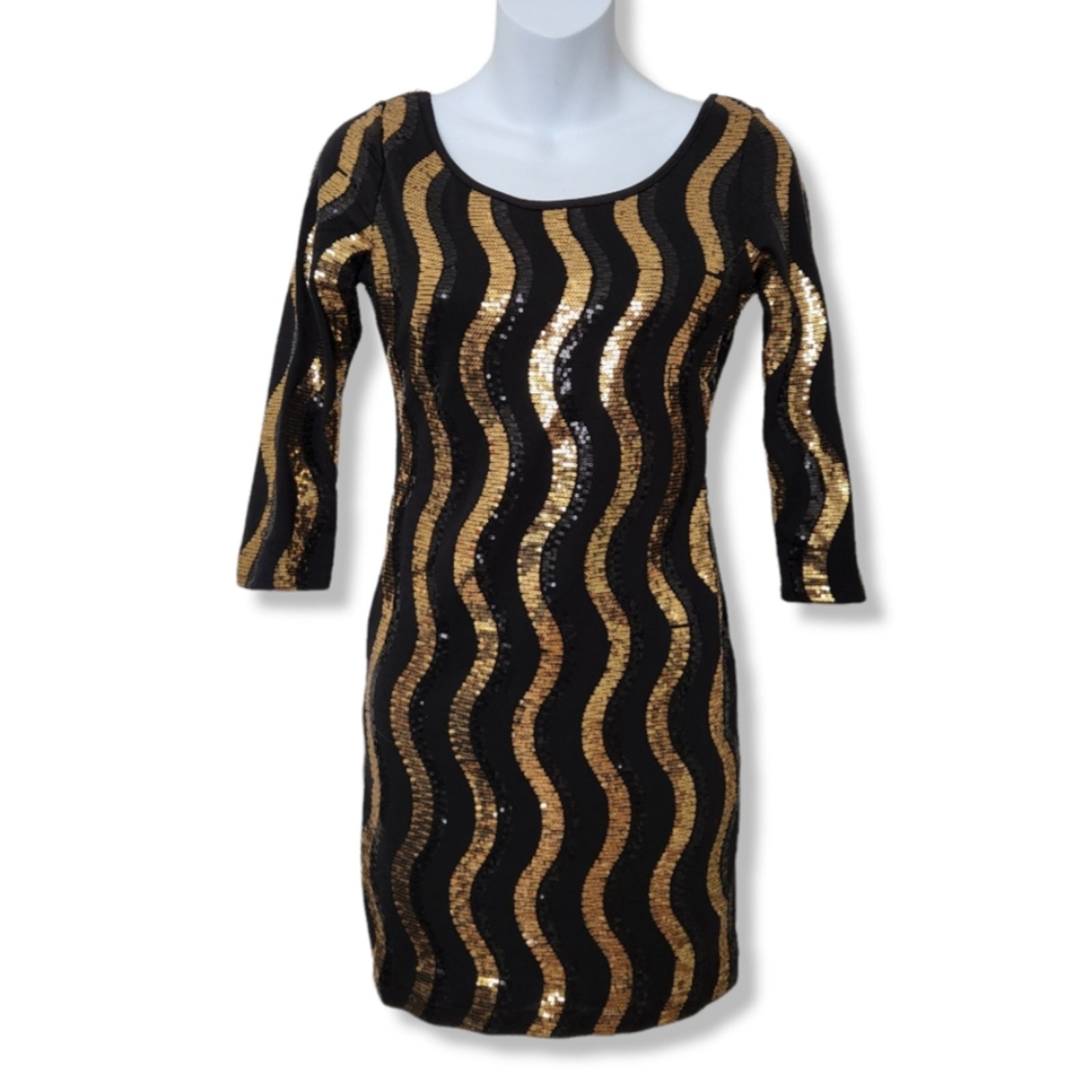 Foreign Exchange Black & Gold Sequin Bodycon Mini Dress – Size M – Retro Disco