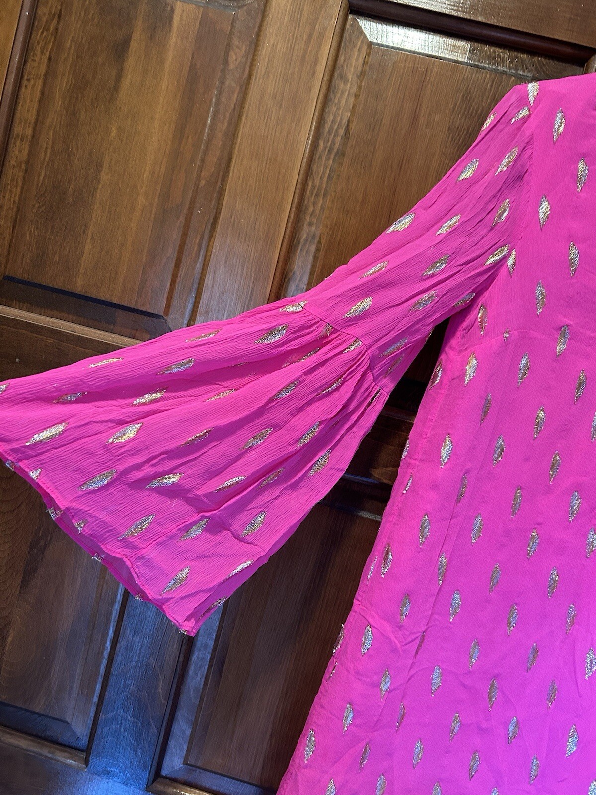 Lilly Pulitzer Amory Silk Dress Pink Gold Metallic Shift Bell Sleeve Size 2