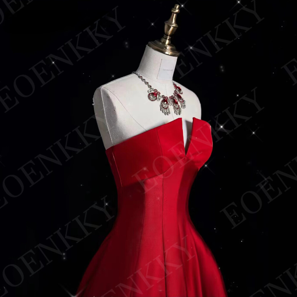 Satin Red Evening Dresses Lace-up Strapless A Line V Neck Burgundy Sweep Train