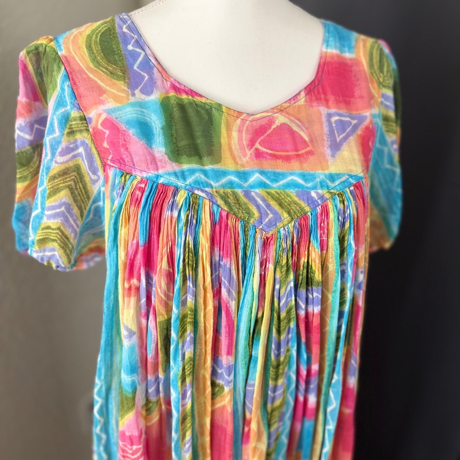 Sita Nepal Cotton Maxi Dress Small Multi Color Abstract Geometric Boho Crinkle
