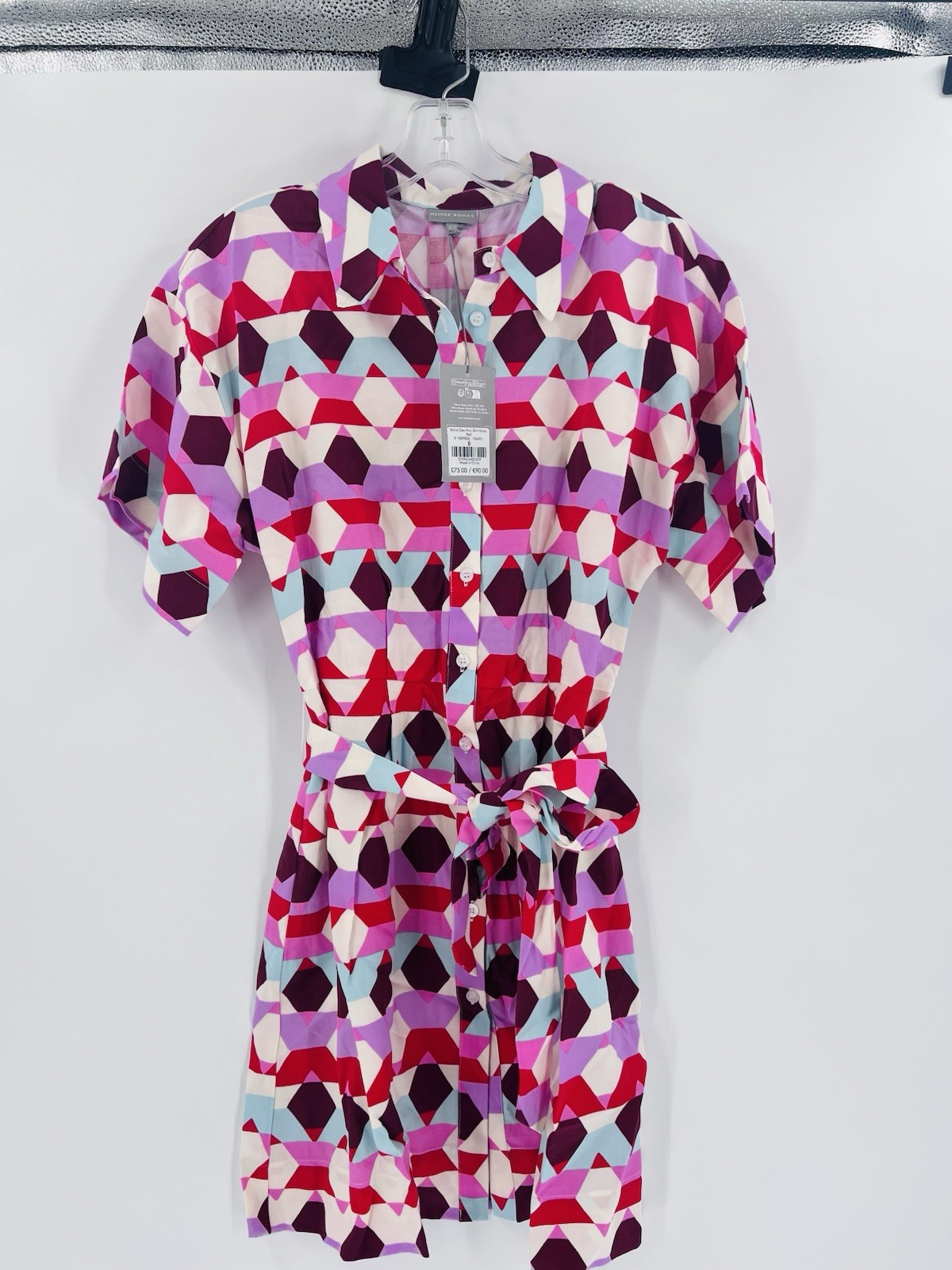 NWT Oliver Bonas Geometric Mini Shirt Dress 4 Tie Waist Belted Viscose