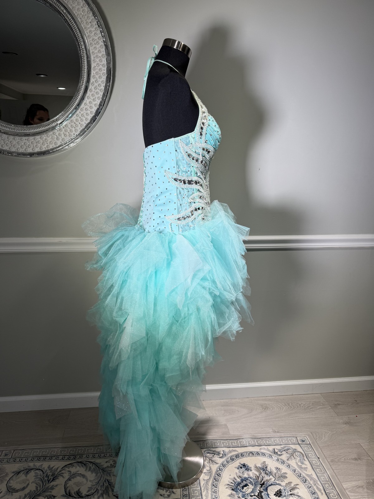 Mint Rhinestone Beaded Corset Strapless Tulle Mini Gown Size 10-12