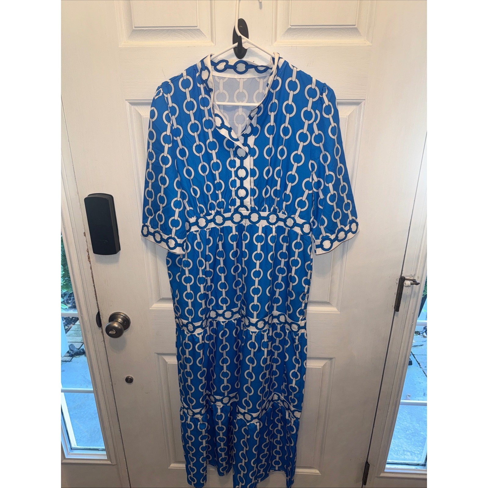 Blue White Chain Link Print Tiered Maxi Dress XL Collared Short Sleeve Geometric