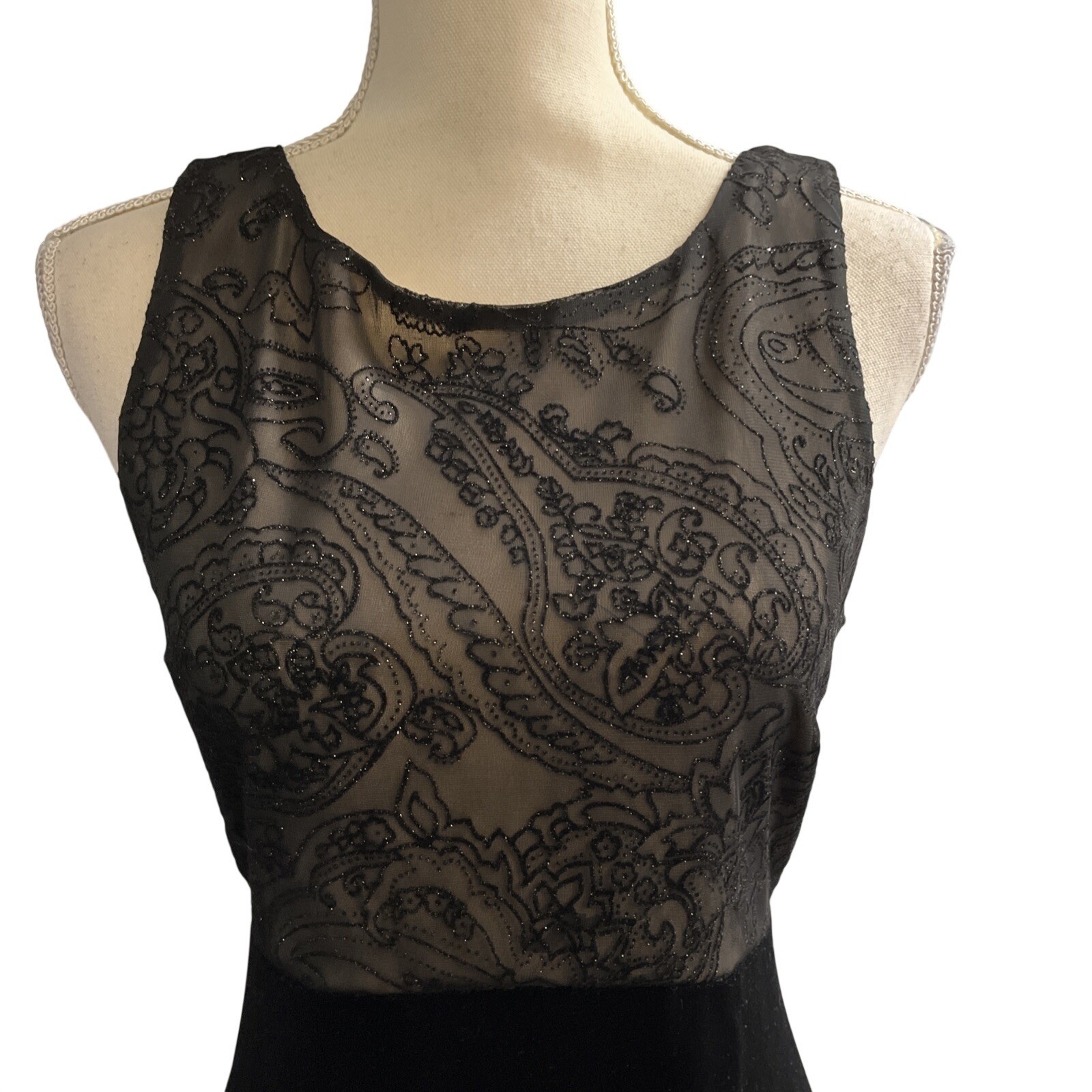 Vintage Connected Apparel Y2K Dress 12 Black Velvet Mesh Sheer Mesh Bodice Maxi
