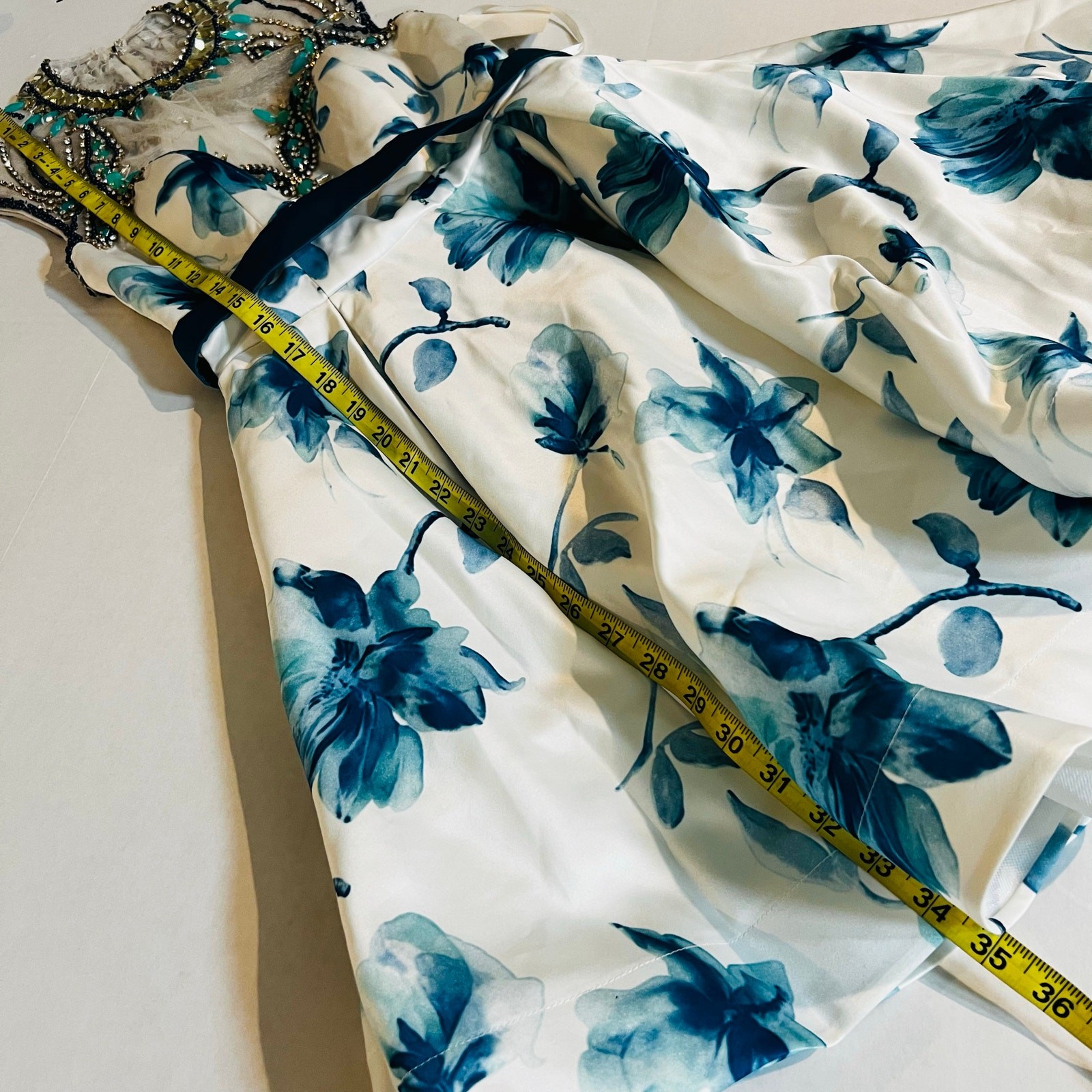 Formal Blue Printed Studded Open Back Sleeveless Dress Size XS